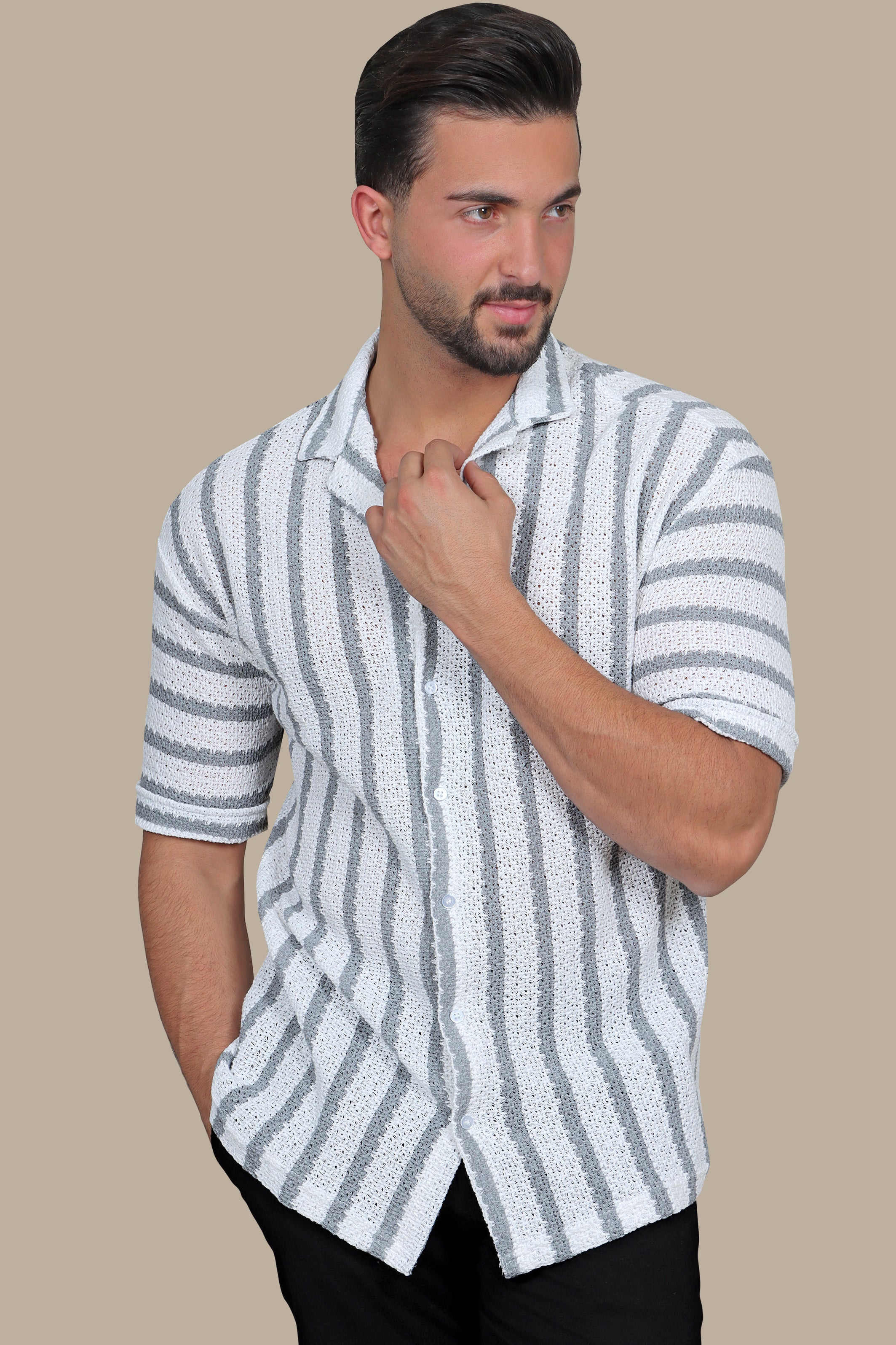 Grey Mercerized Striped Short Sleeve Shirt