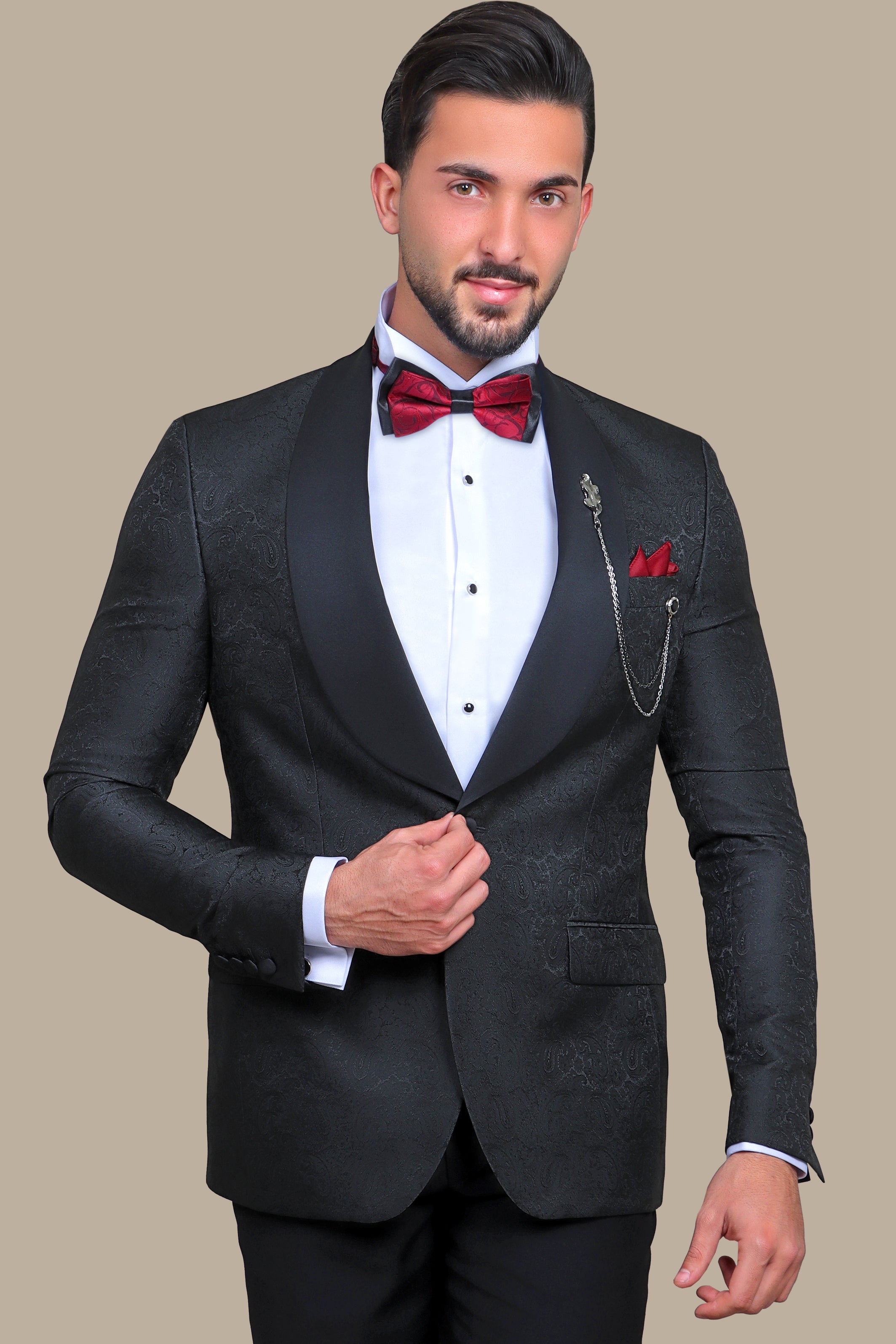 Midnight Paisley Elegance: Tuxedo FV with Wide Shawl Collar in Rich Black