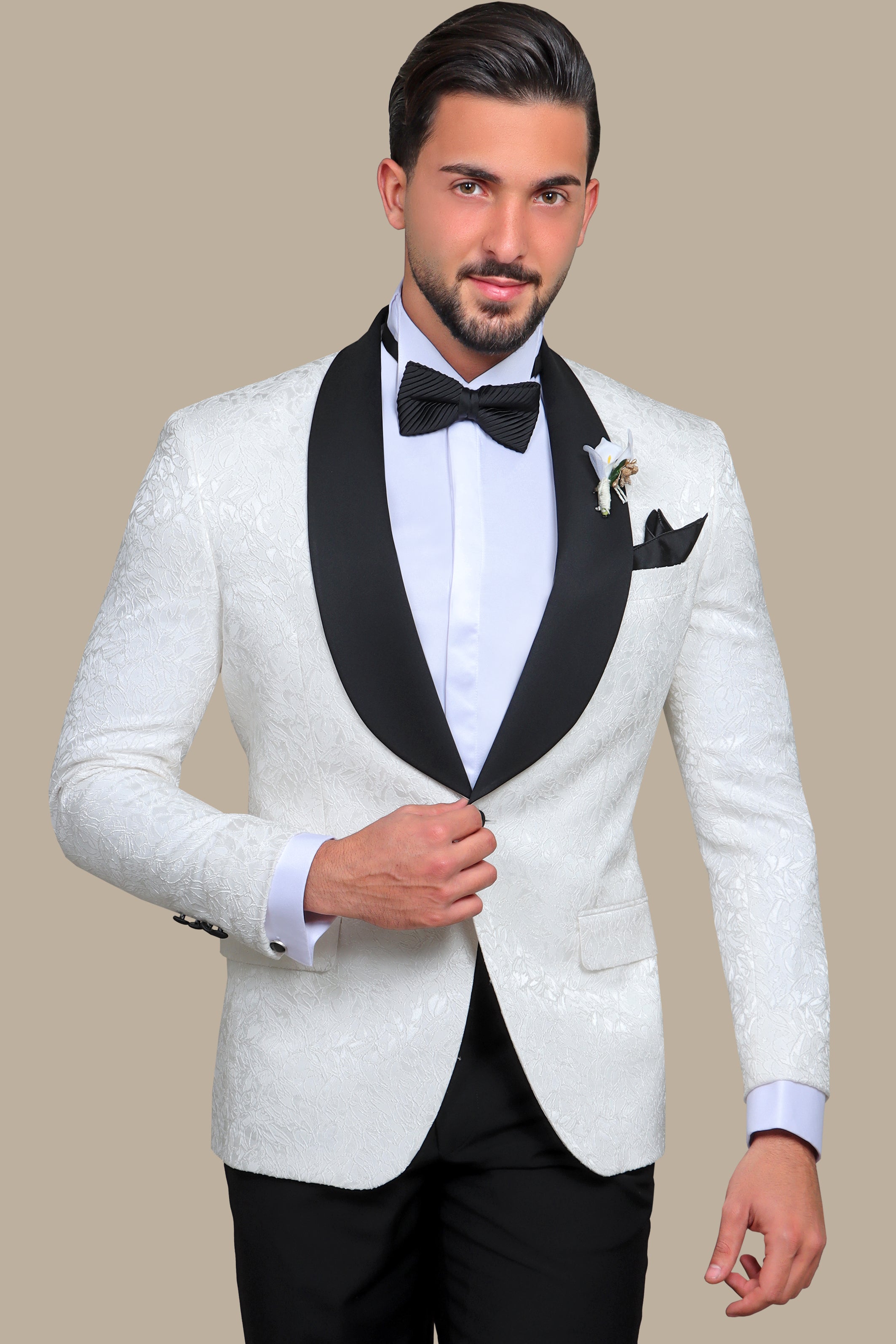 Snowfall Elegance: FV Printed Leaves Jacquard Tuxedo with Wide Shawl Collar in White