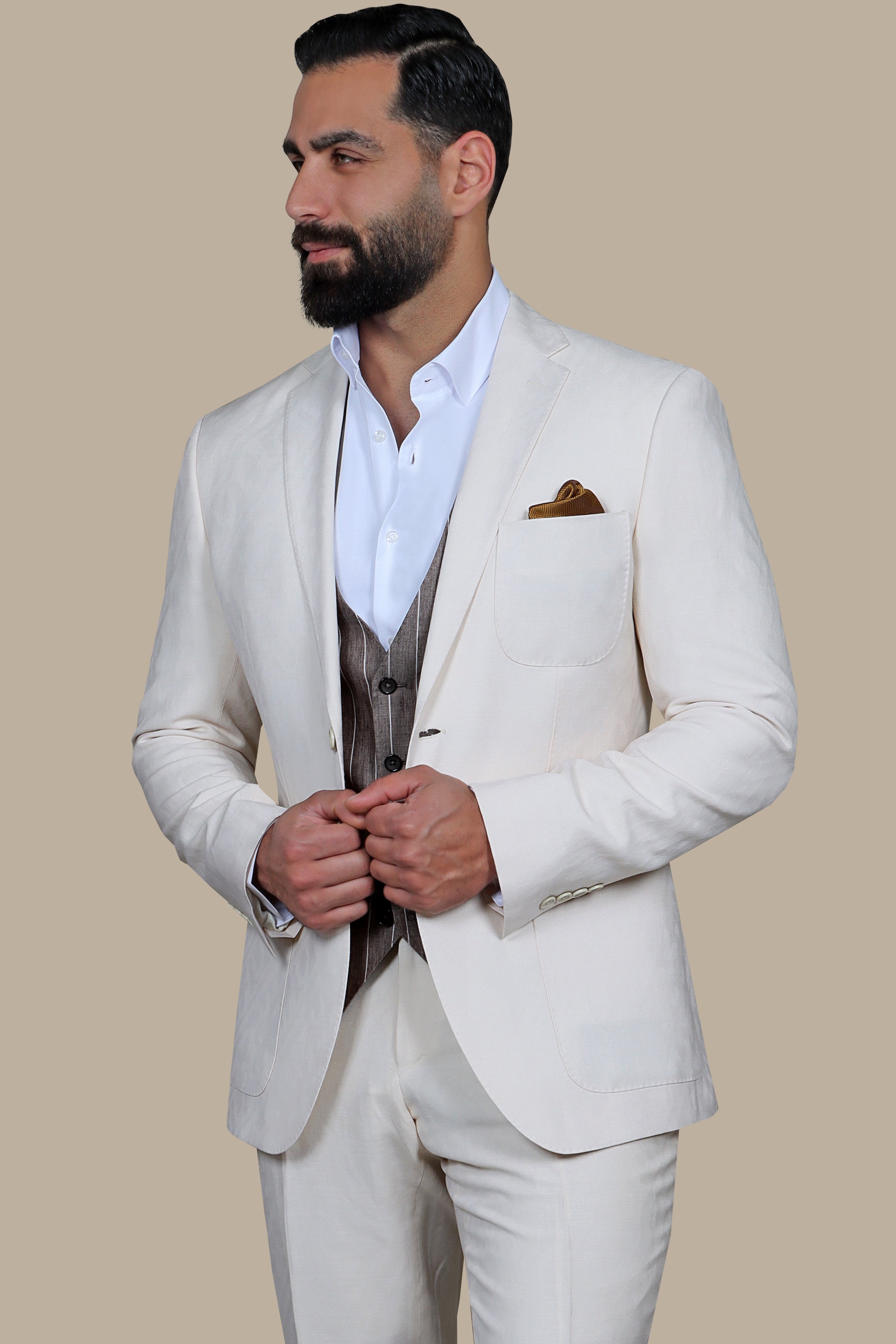 Refined Elegance: The FV Special Collection Off-White Suit with Structured Striped Vest