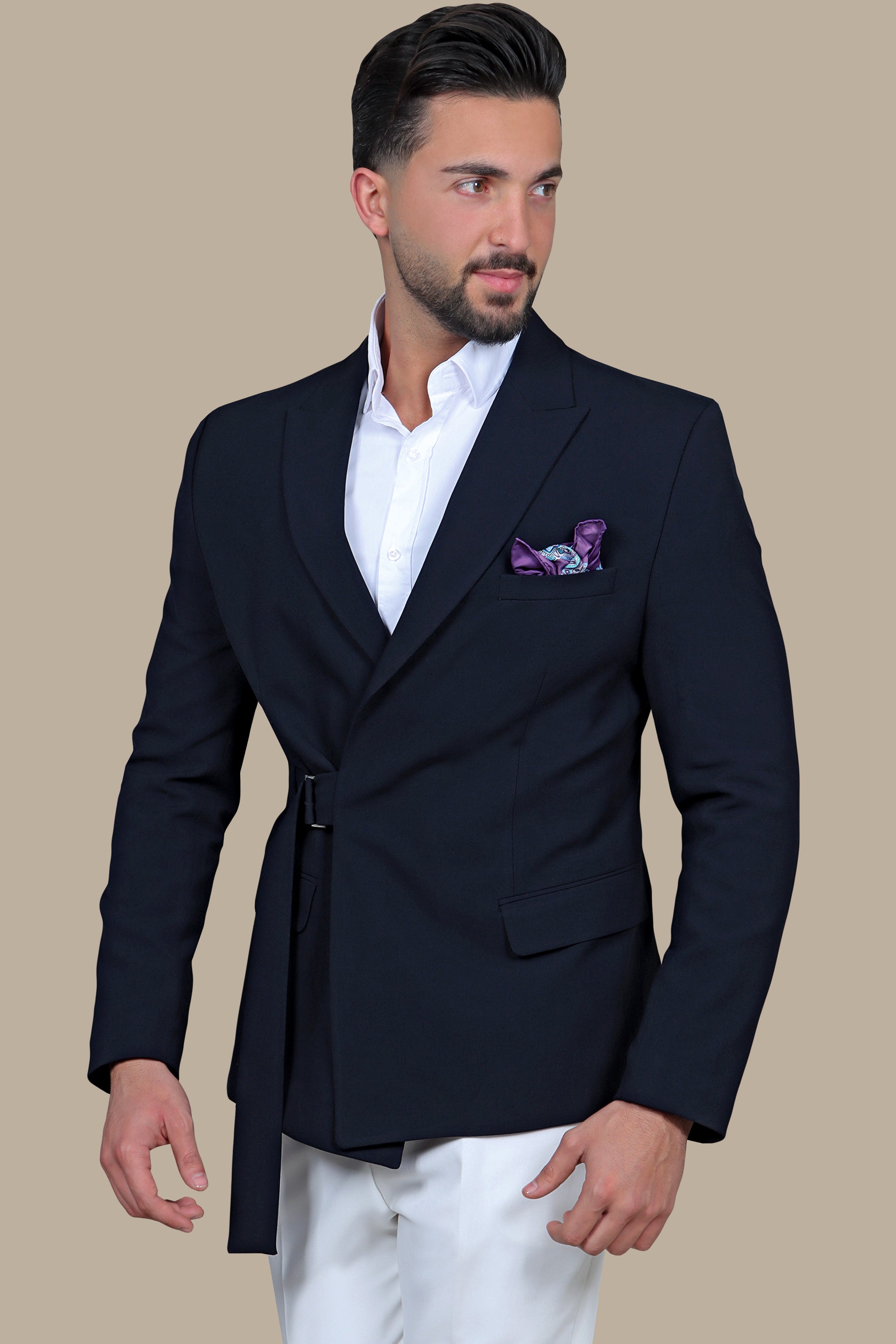 Navy Blazer with Side Belt: Simple Style, Classic Elegance
