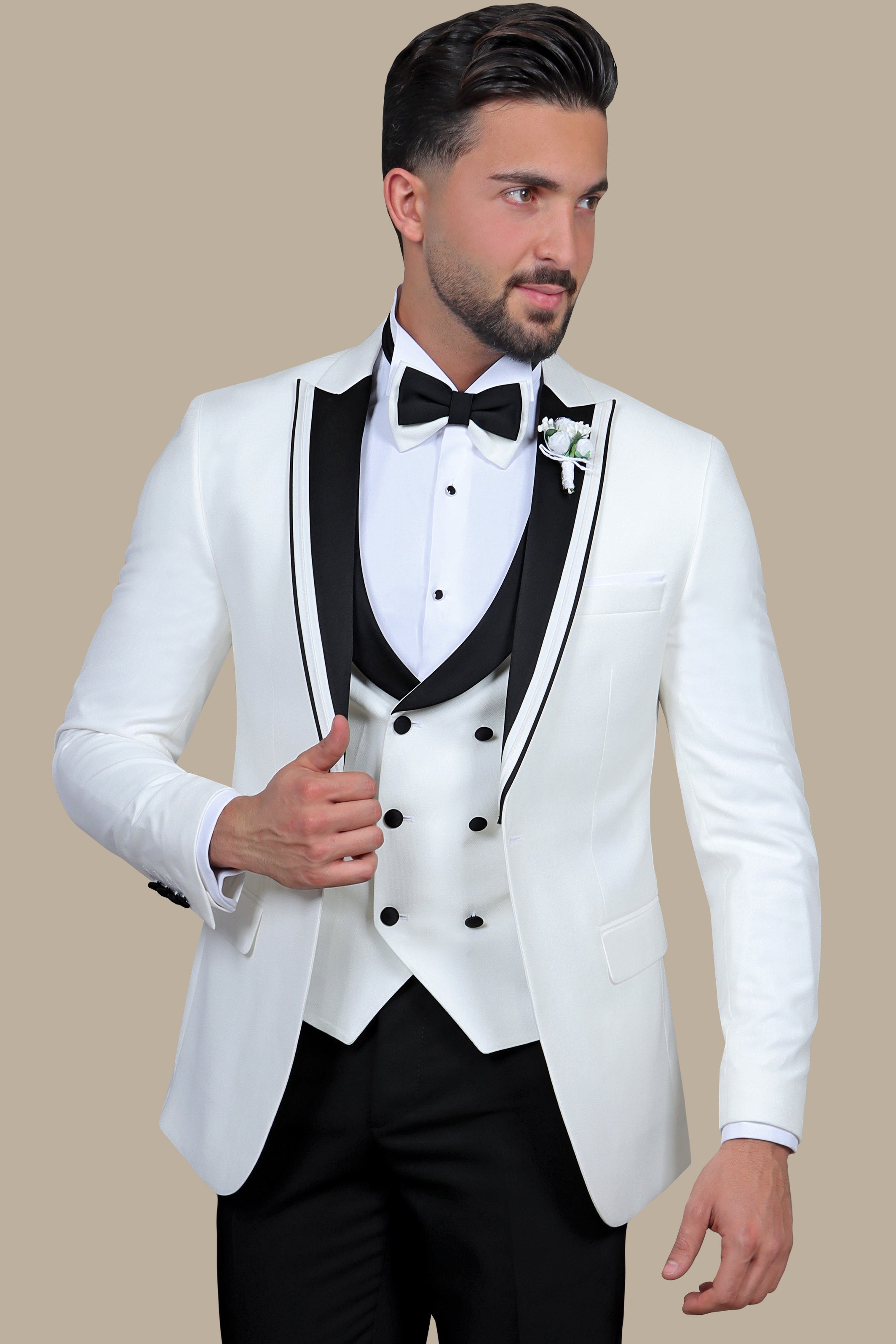 Sleek White Peak 3-Piece Tuxedo Suit featuring White Brim Detailing