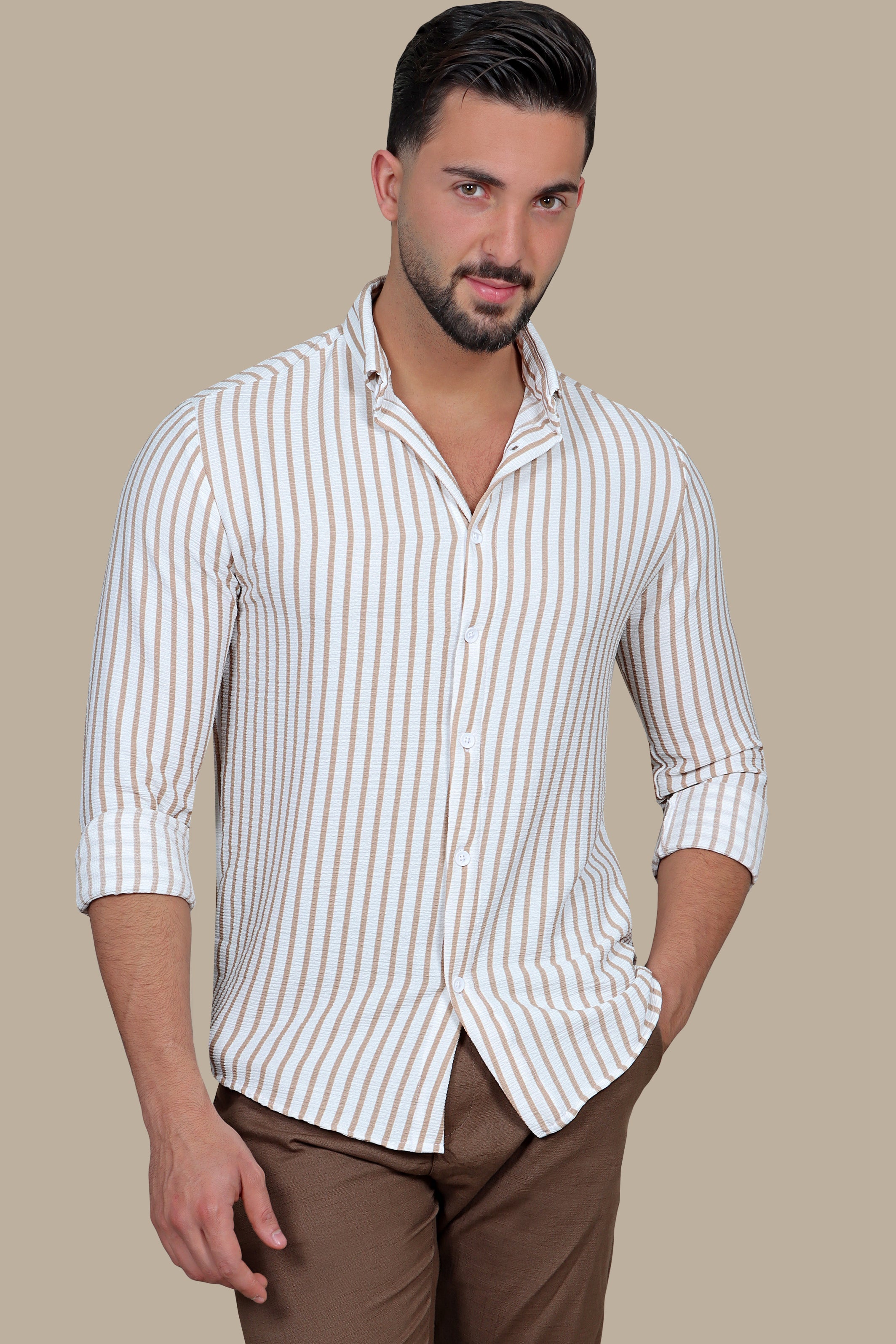 Beige Linen Shirt: Striped, Long & Short Sleeves