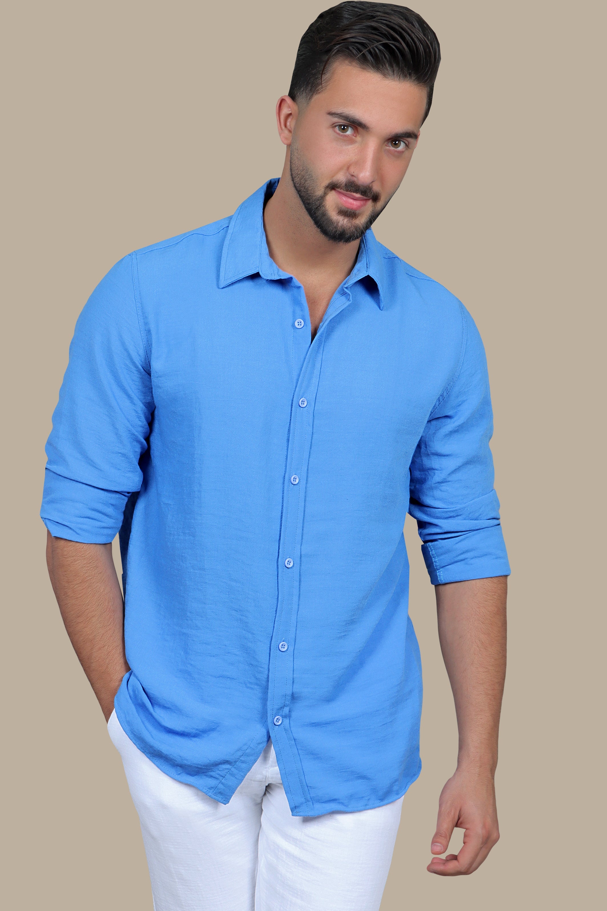 Blue Horizon: Classic Long Sleeve Linen Shirt