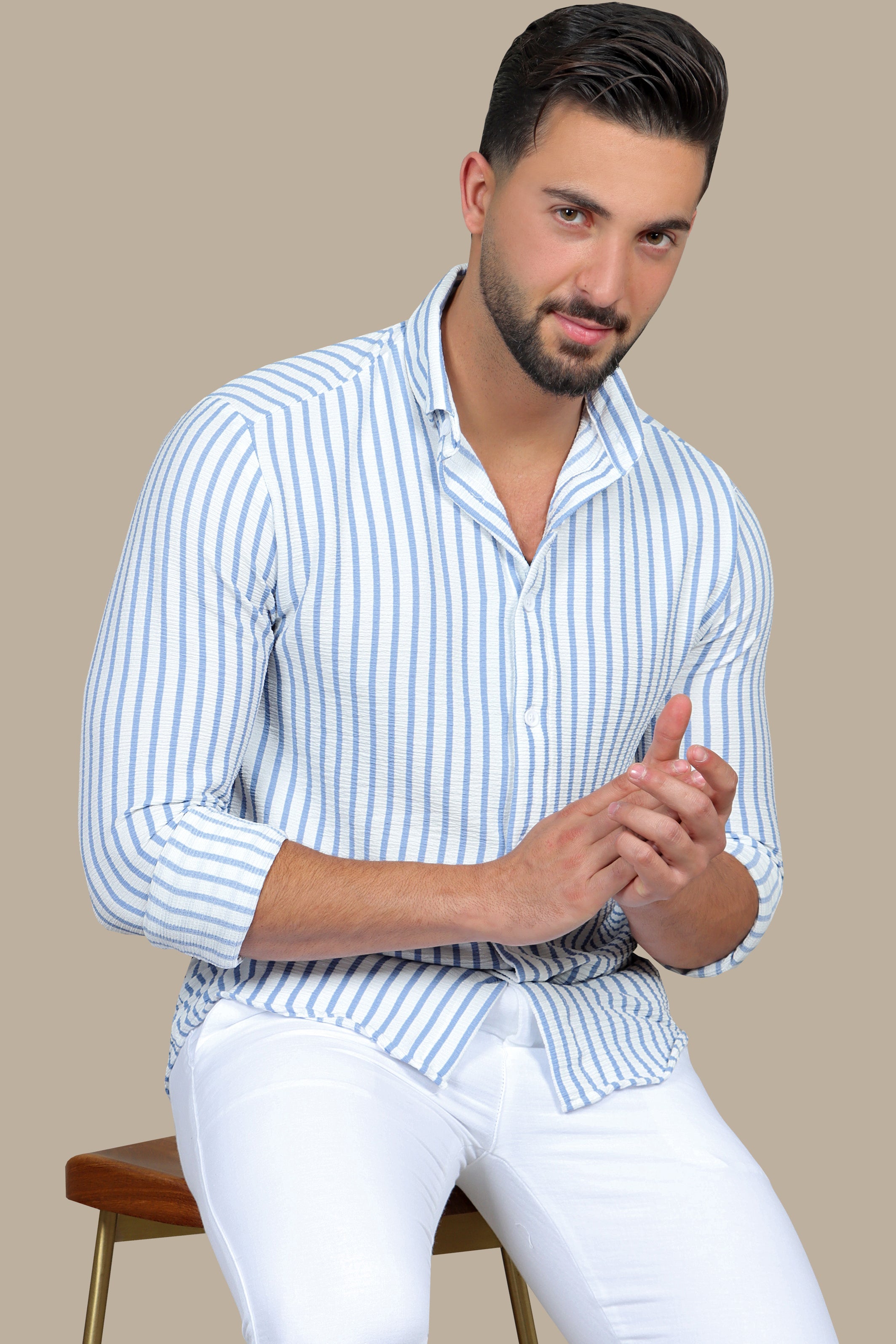 Coastal Breeze: Long Sleeve Linen Shirt with Blue Stripes