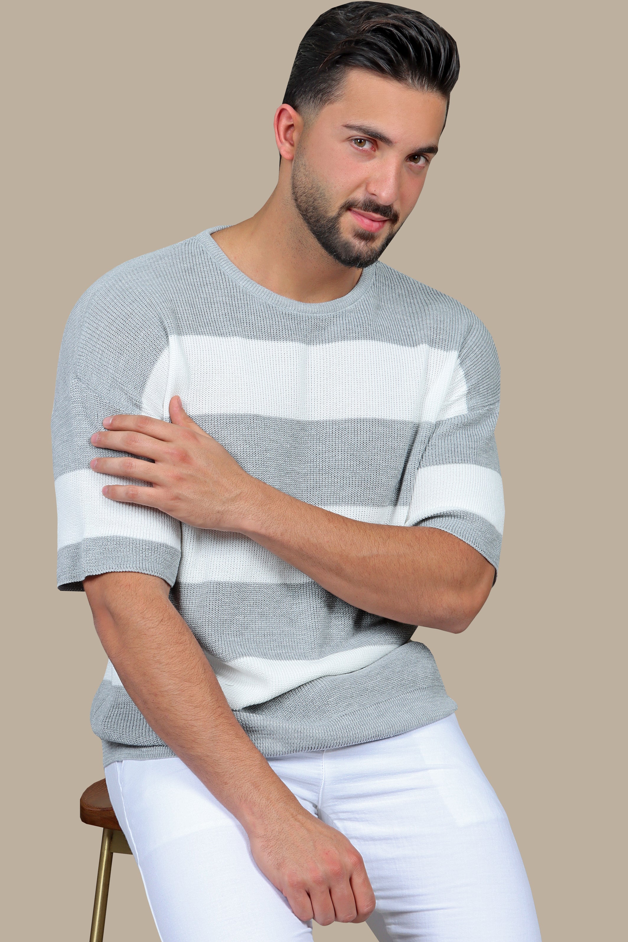Grey Wide Striped Oversized T-Shirt with 3/4 Sleeves