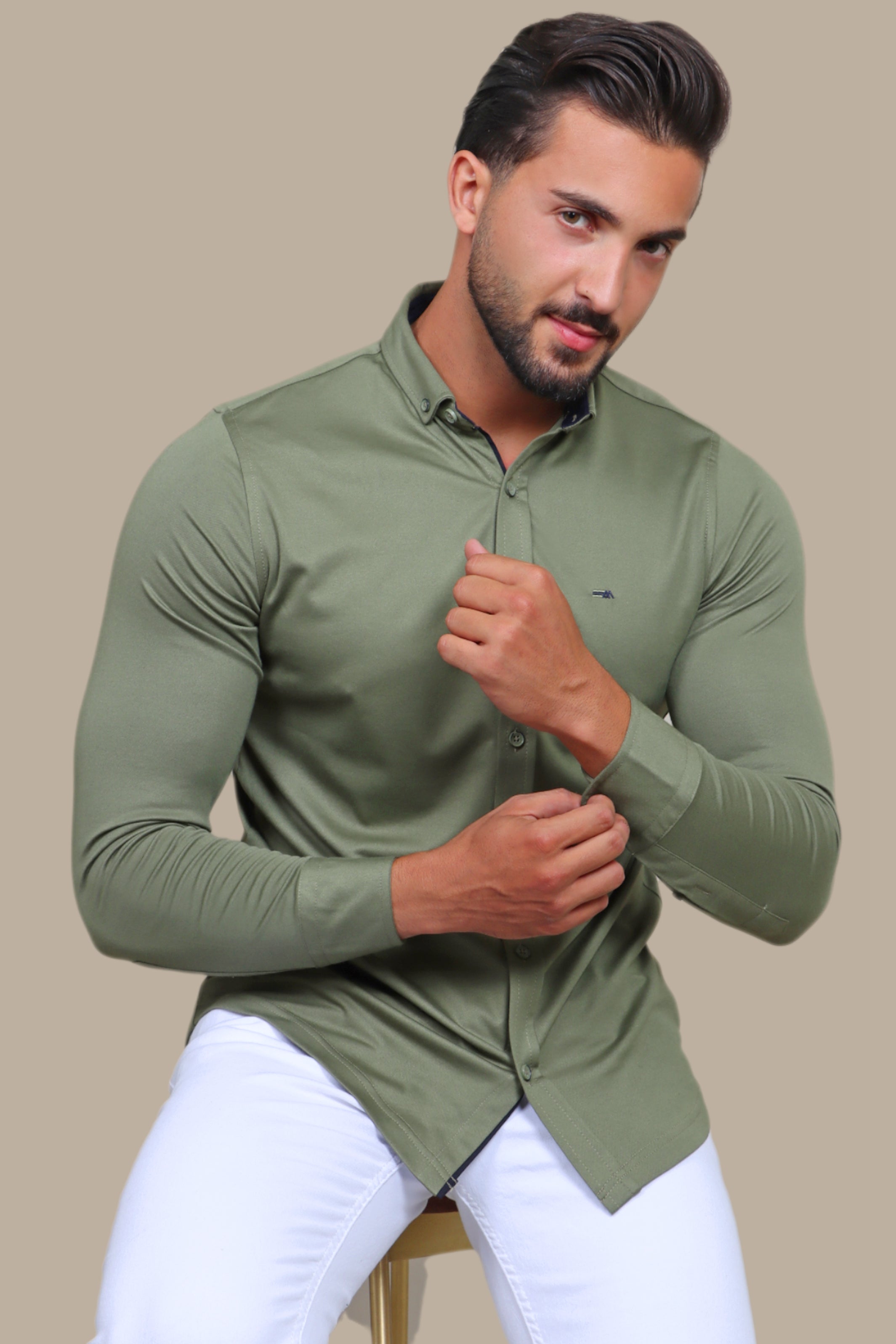 Khaki Comfort: Lycra Shirt with Small Collar