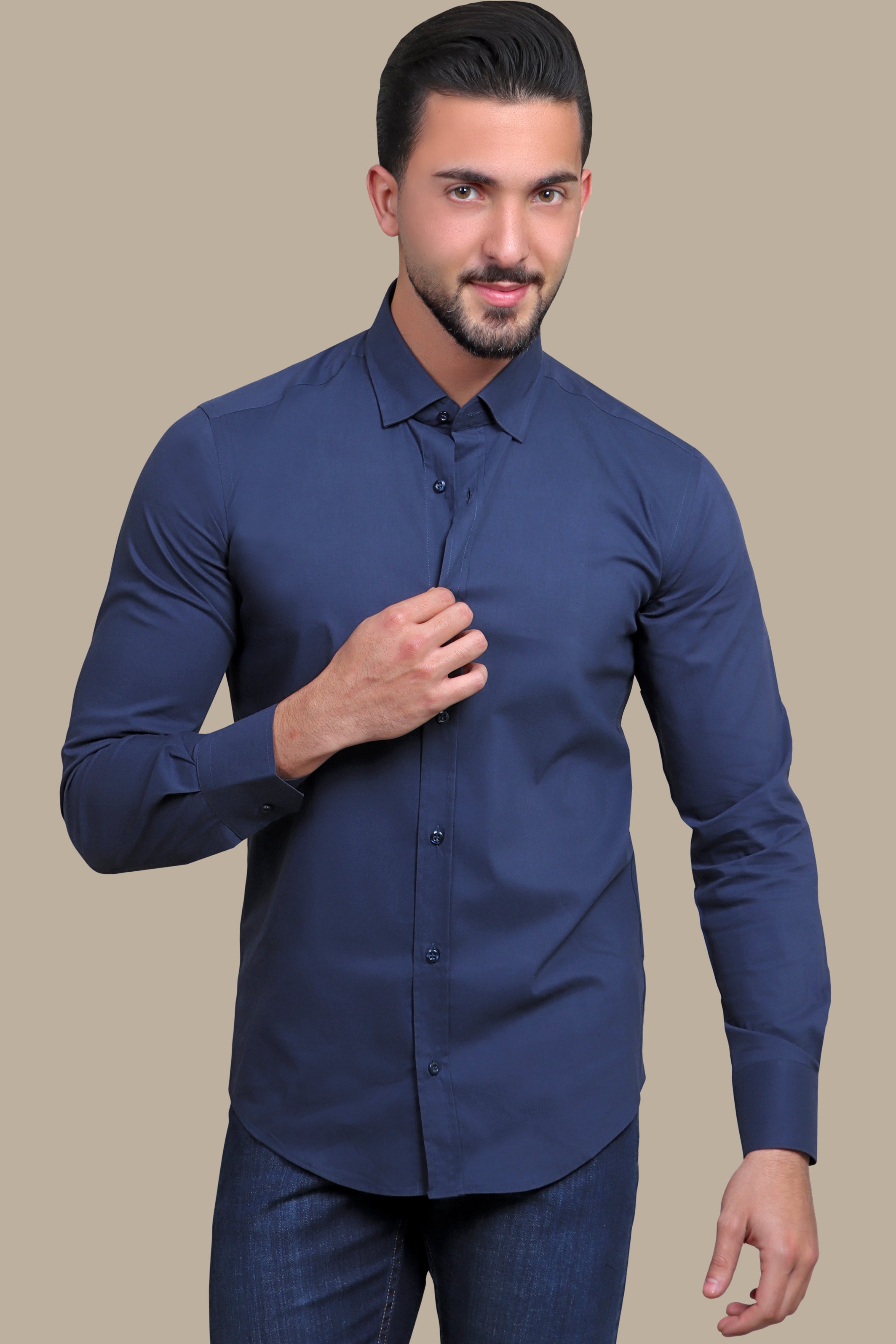 Navy Sophistication: Lycra Plain Shirt for Effortless Elegance