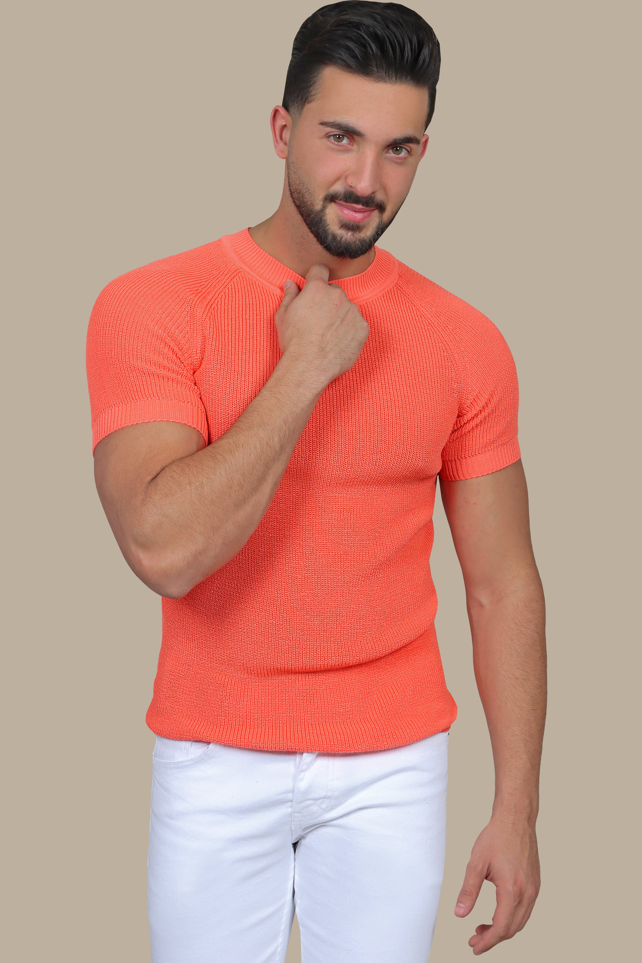 Coral Comfort: Knitted Round Neck T-Shirt