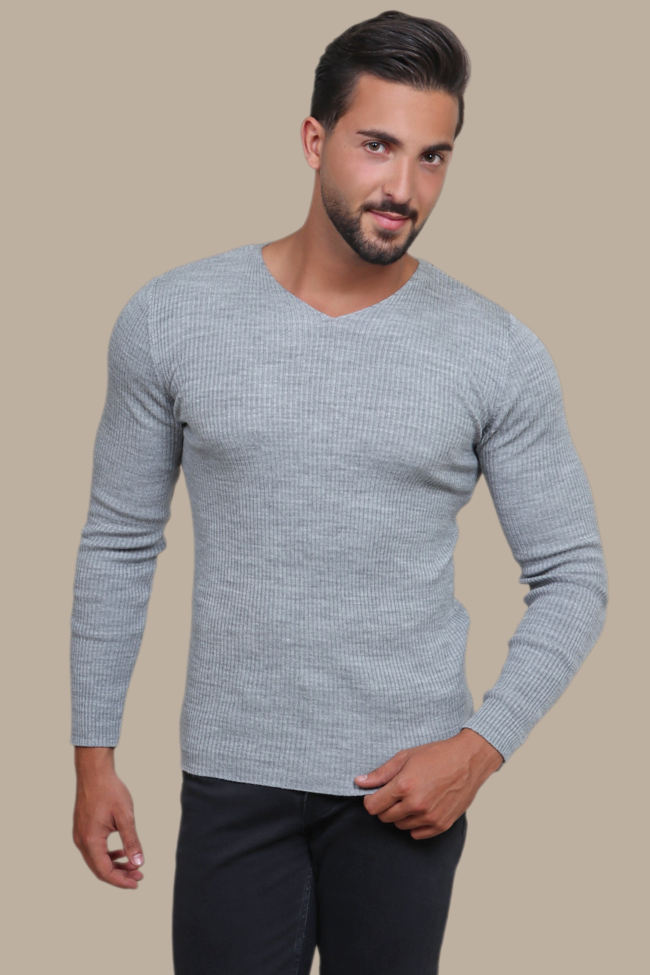 Gray Ribbed V-Neck Sweater