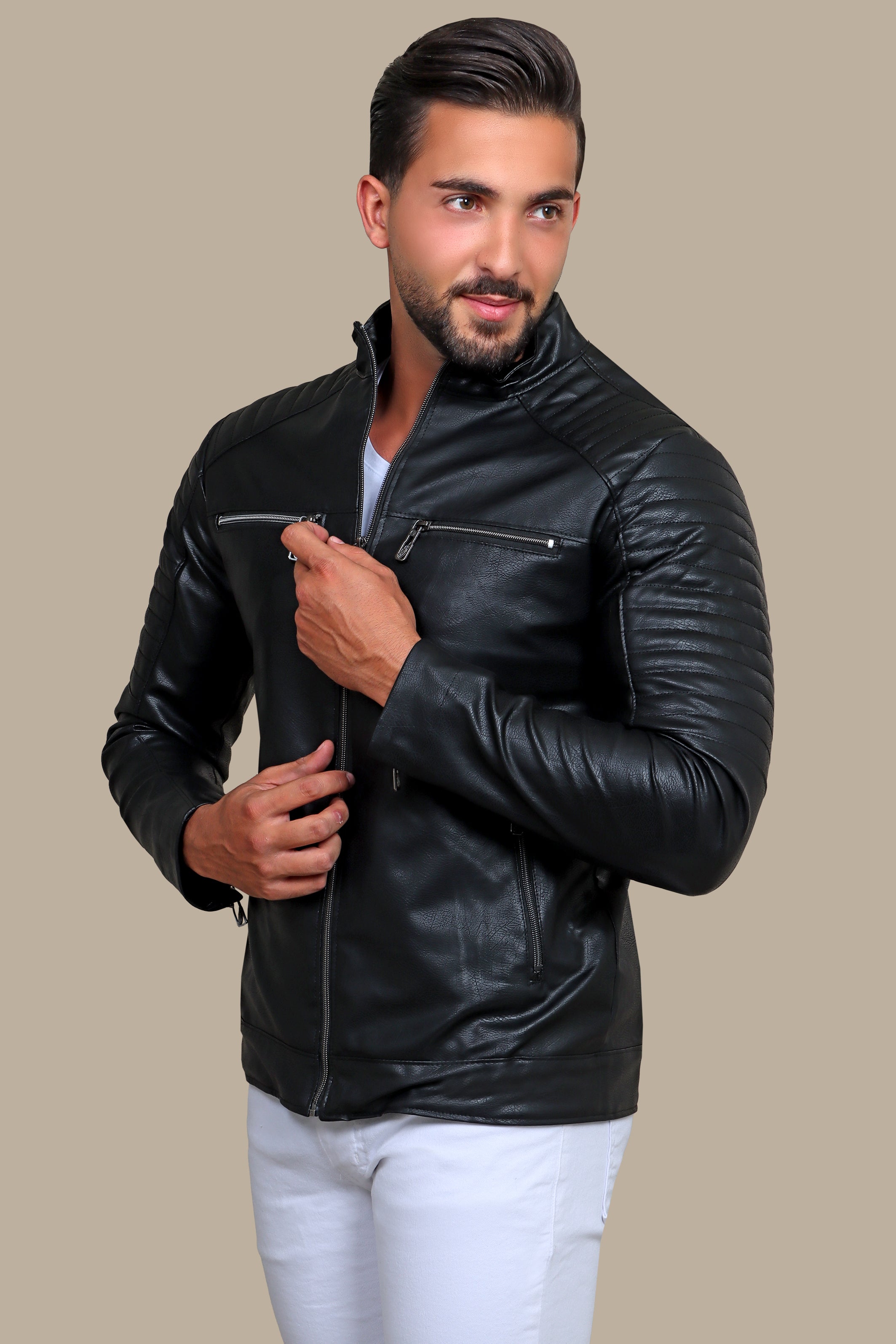Rugged Elegance: Black Faux Leather Biker Jacket with Four Zippers