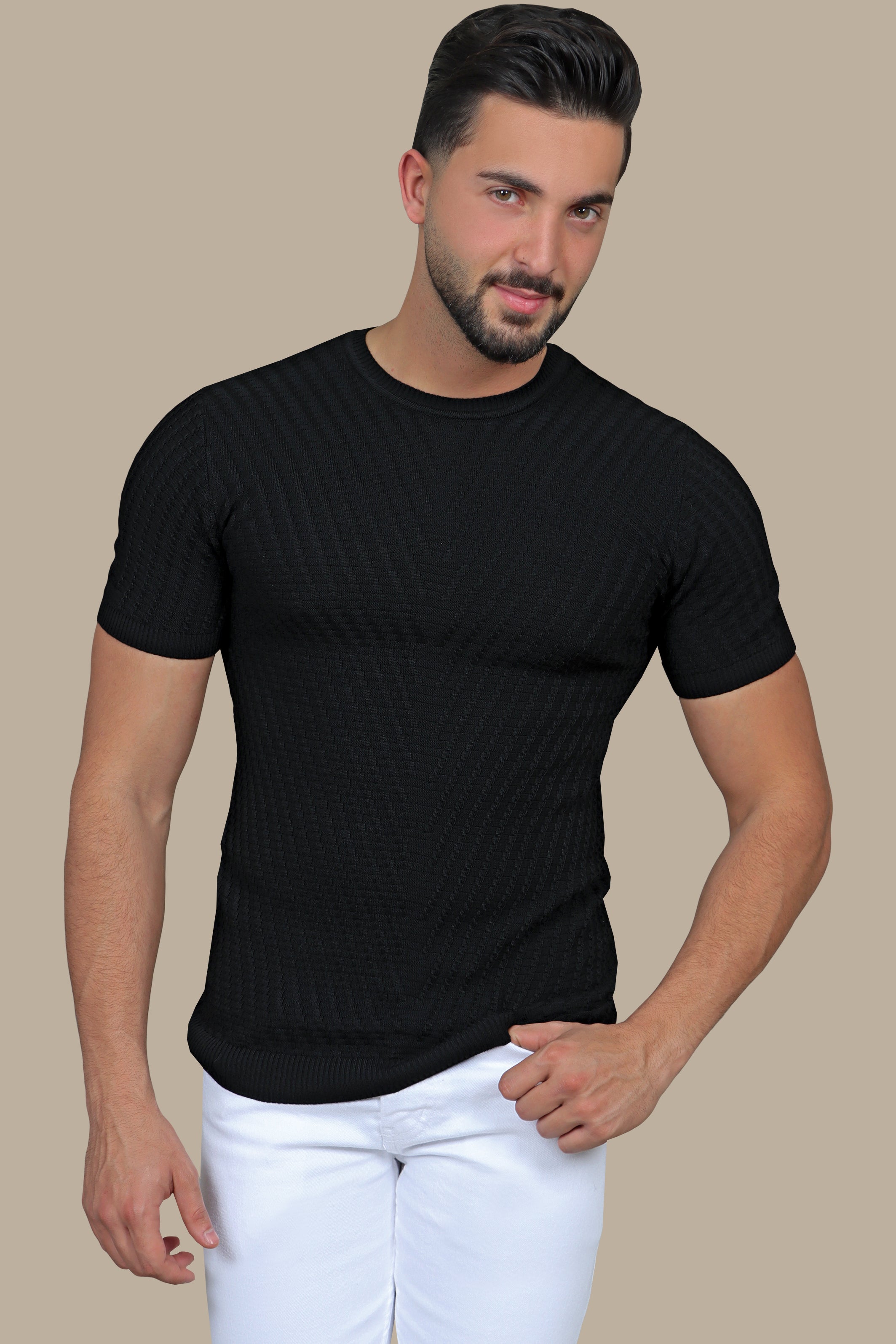 Classic Black: Knitted Round Neck T-Shirt