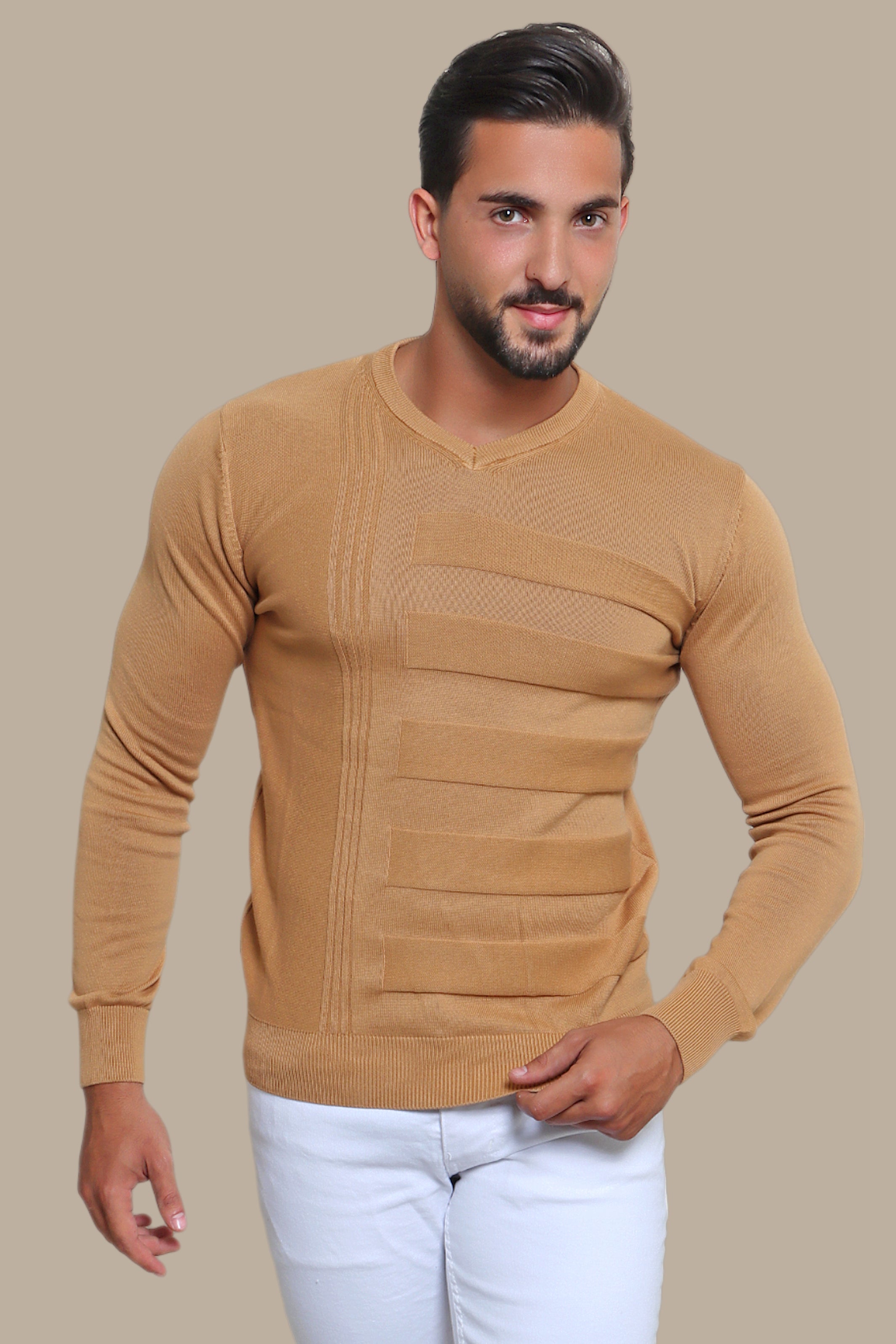 Camel Comfort: V-Neck Sweater Elegance