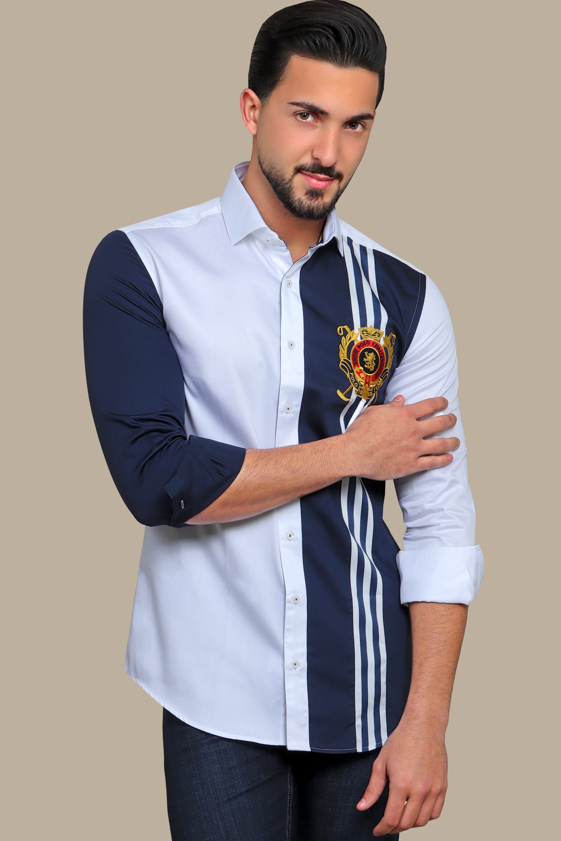 Regal Pride: White Shirt with Lion and Polo Badge Embellishments