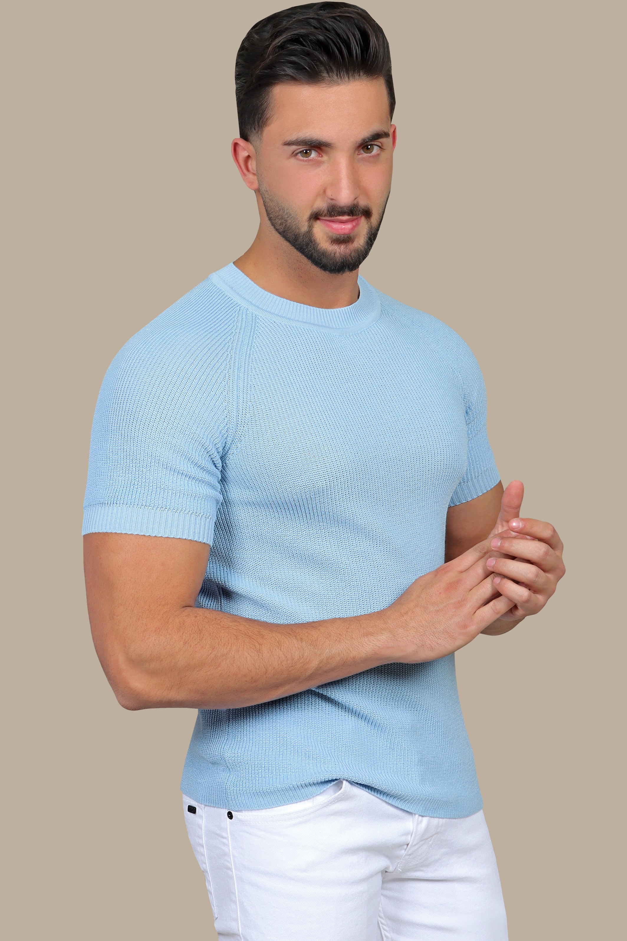 Serene Comfort: Light Blue Knitted Round Neck T-Shirt