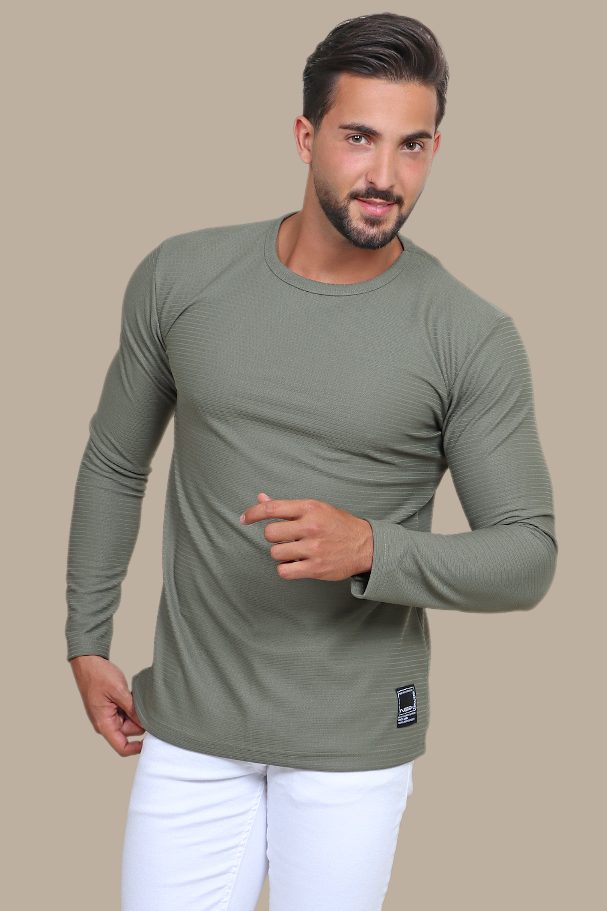 Khaki Elegance: Structured Round Neck Ribbed Sweater