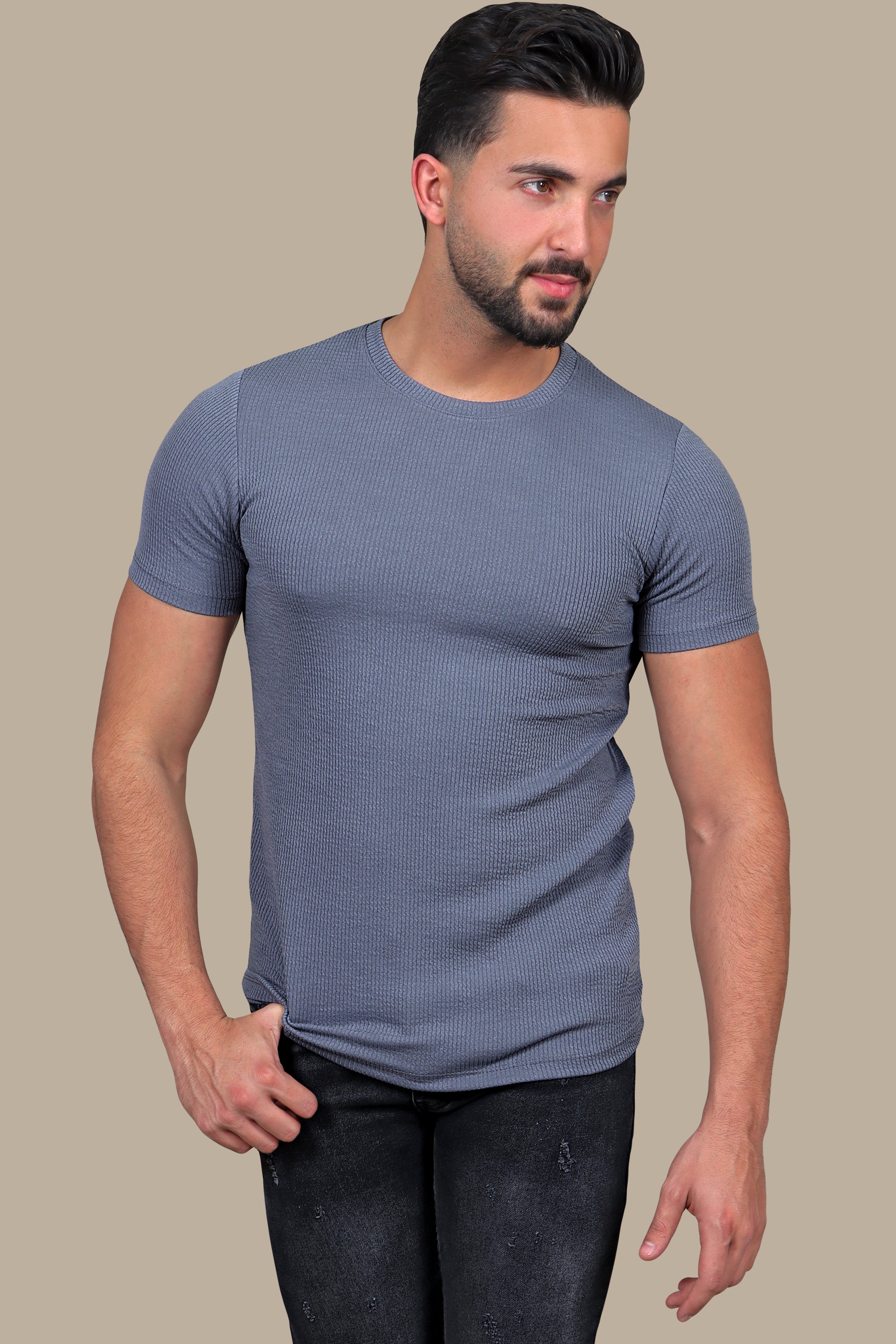 Urban Edge: Gray Ripped Vertical Round Neck T-Shirt