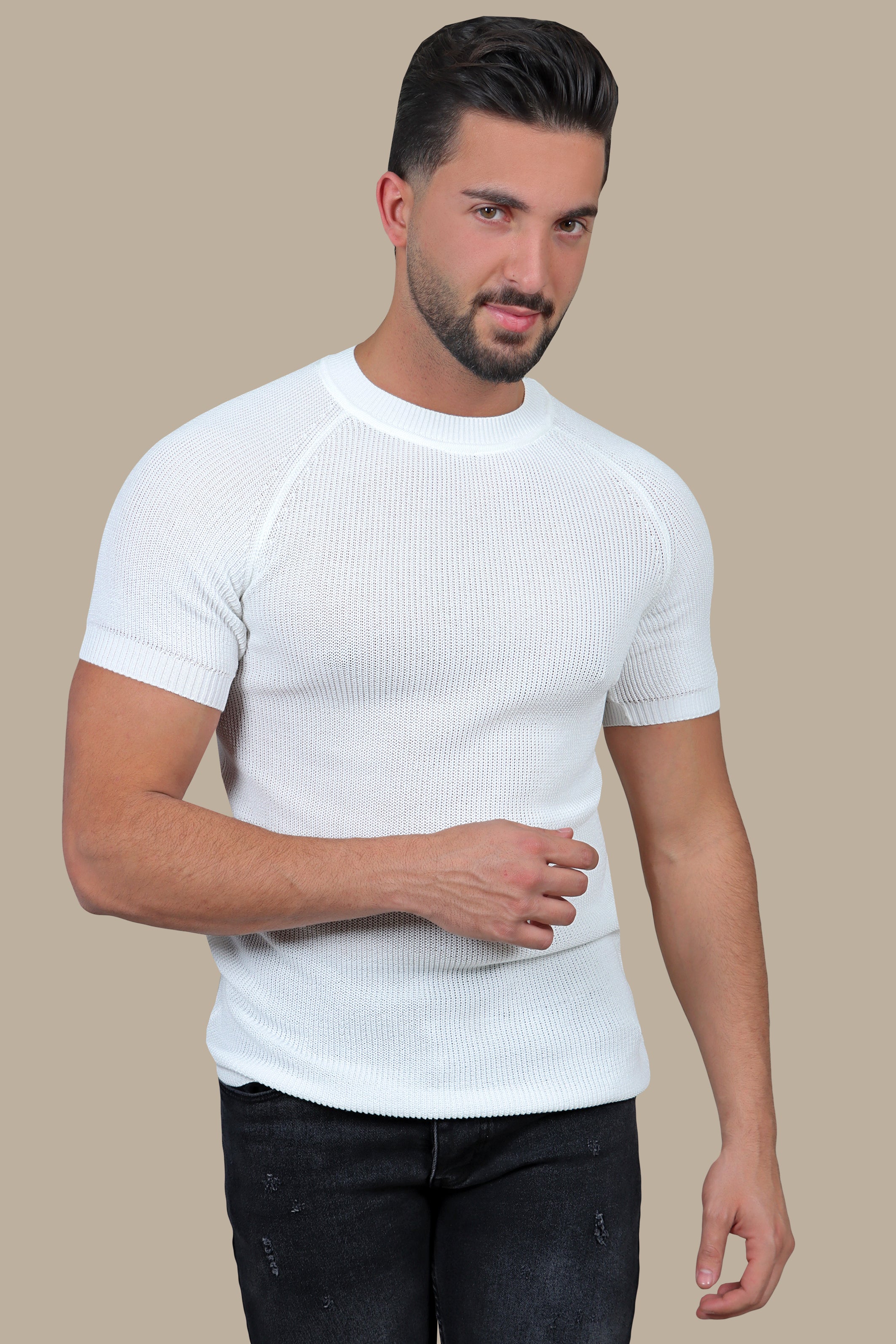 Pure Comfort: White Knitted Round Neck T-Shirt