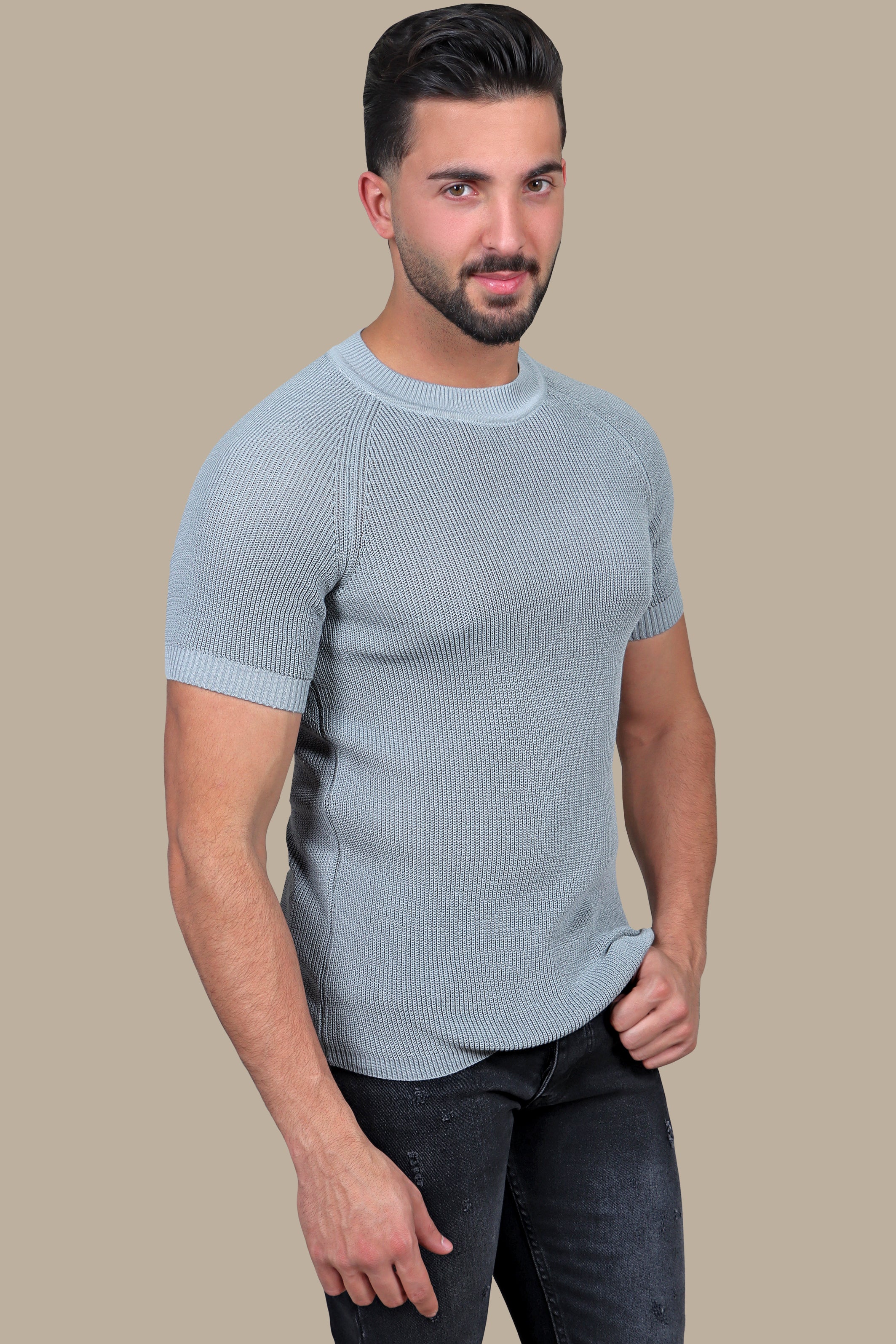 Essential Elegance: Grey Knitted Round Neck T-Shirt