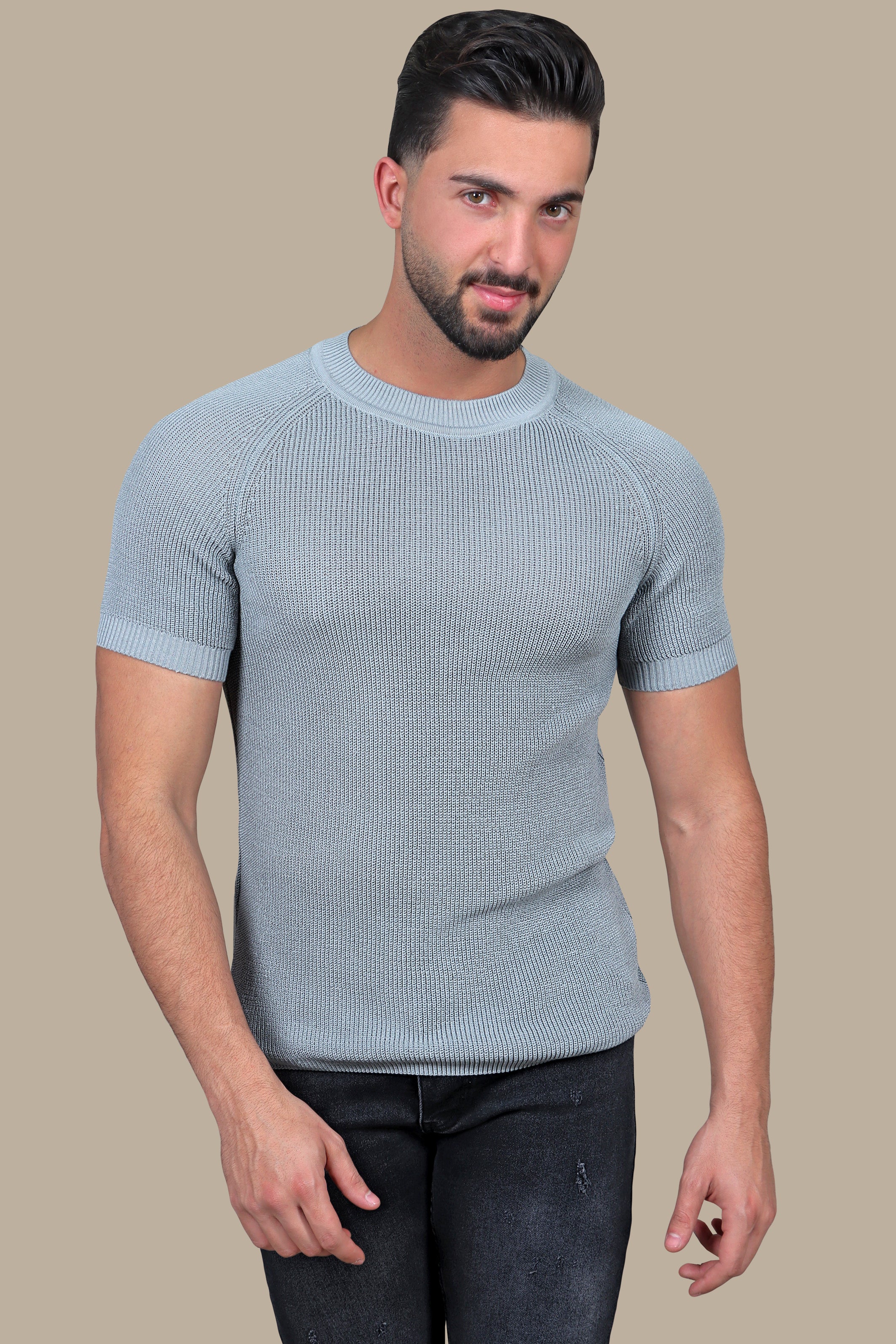 Essential Elegance: Grey Knitted Round Neck T-Shirt