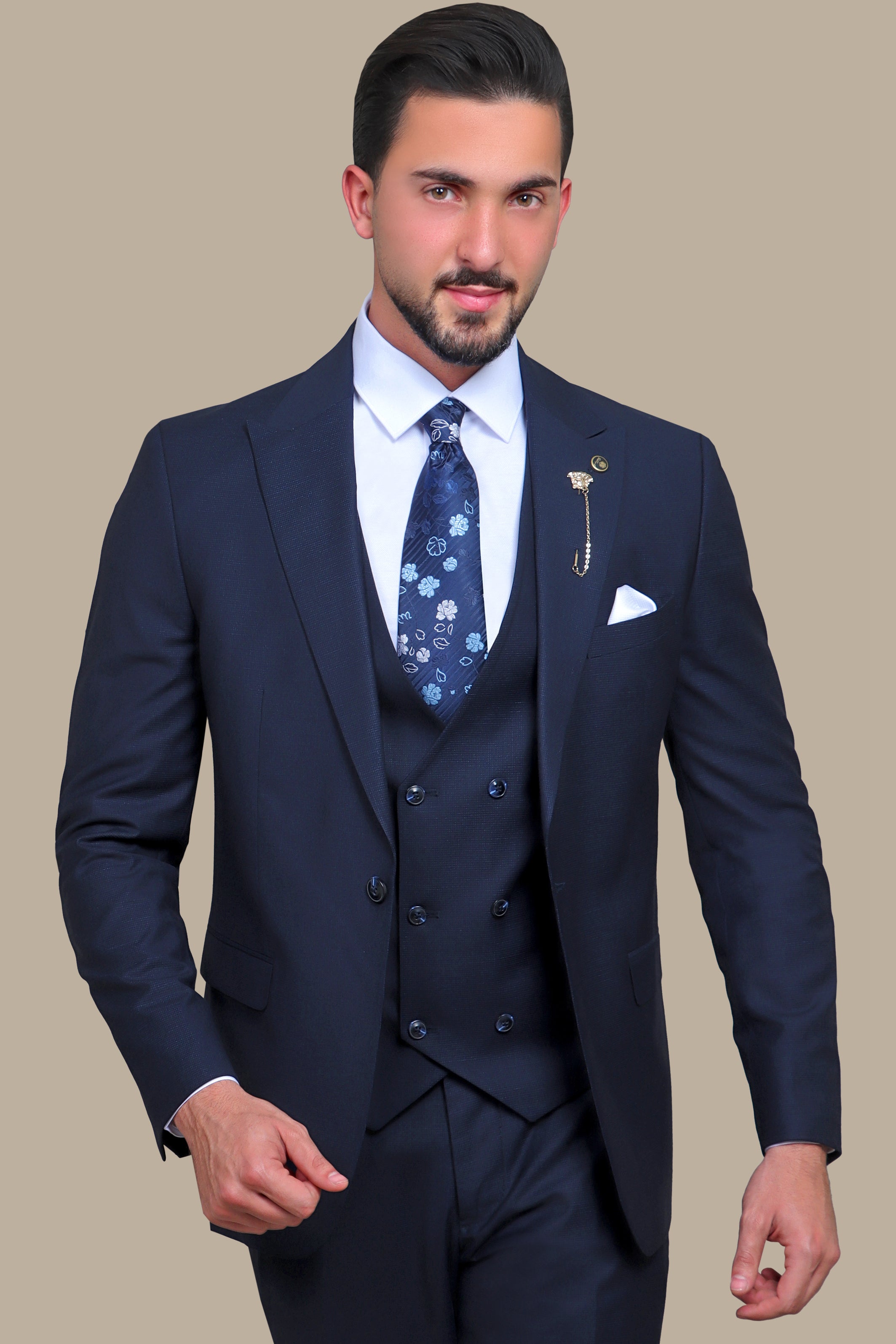 Navy Checkered Elegance: The Peak Lapel 3-Piece Suit