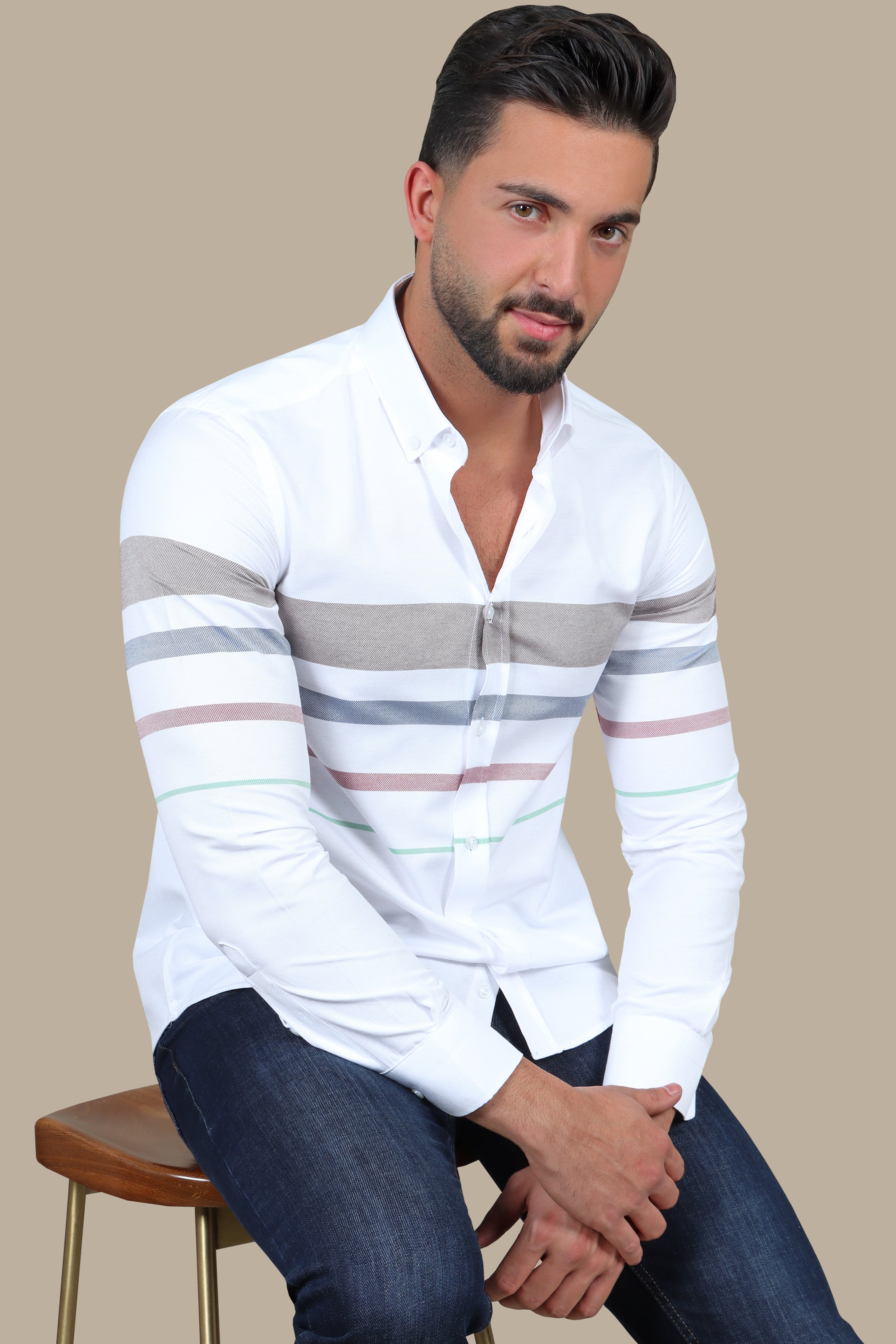 Earth Tone Elegance: Brown-White Striped Degradé Shirt