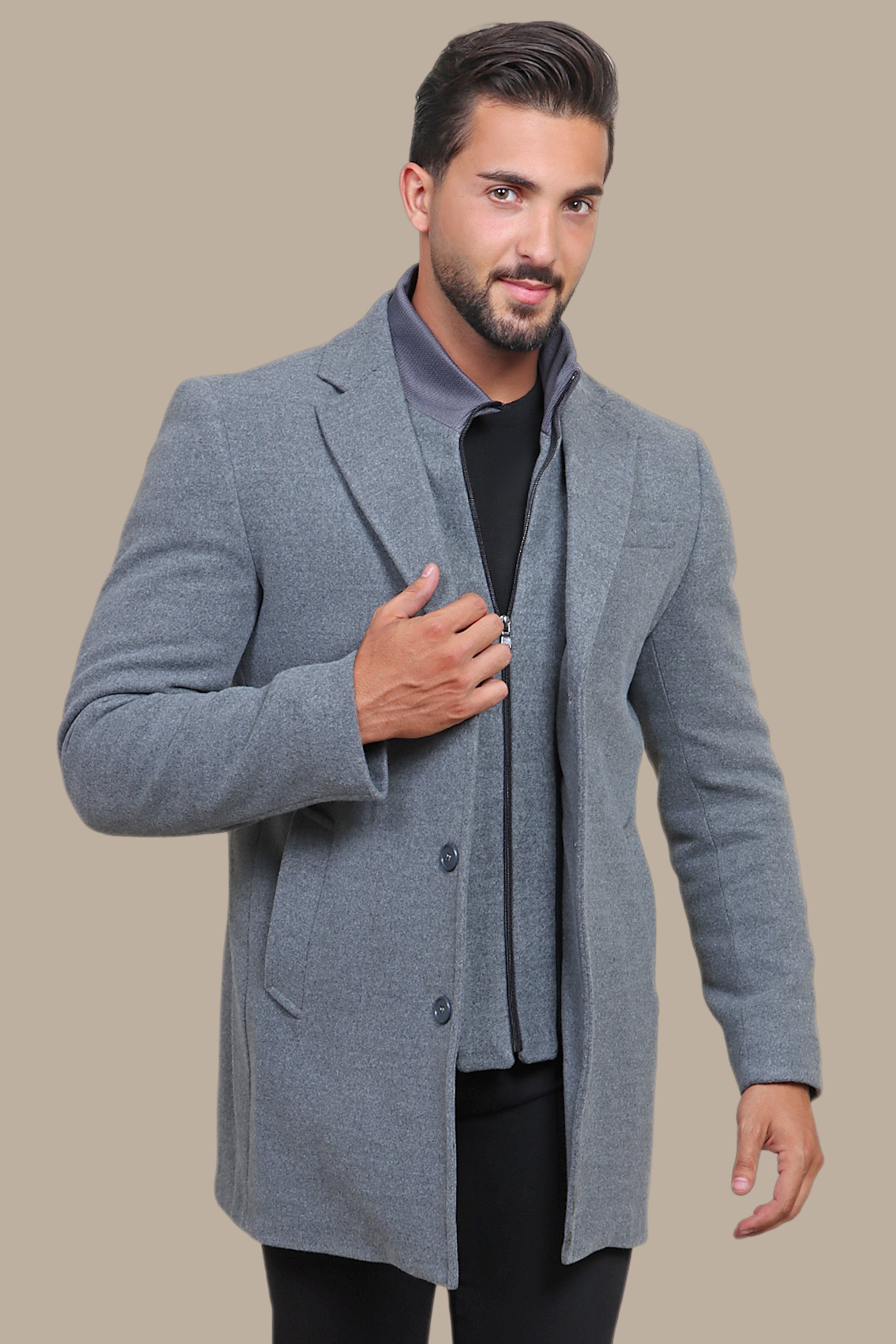 Light Gray Versatility: The Notch Detachable Coat in Classic Elegance