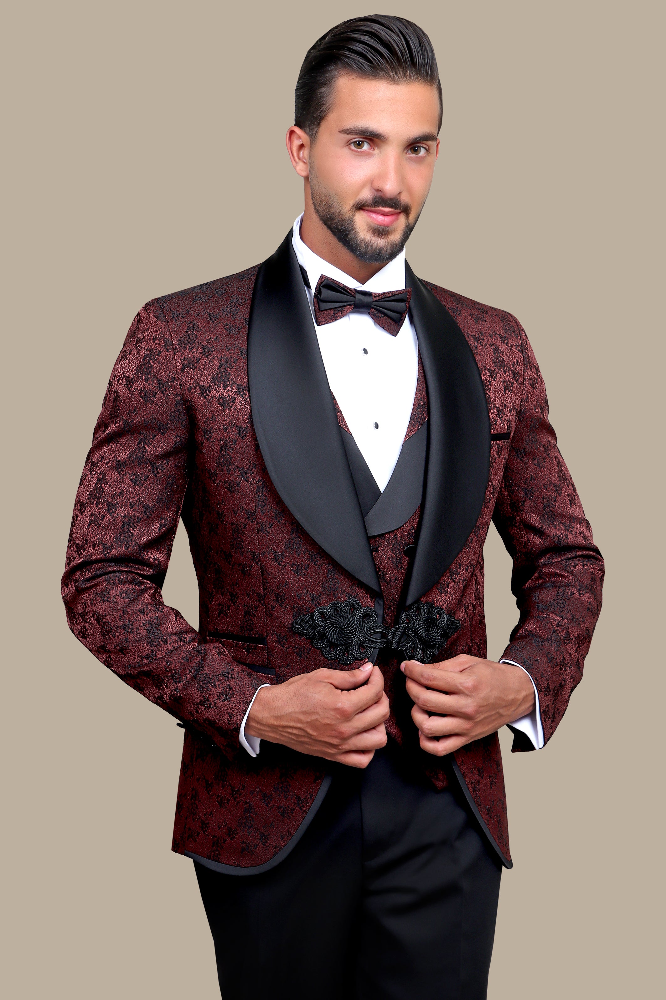 Burgundy Elegance: Luxurious Tuxedo Jacquard Crochet 4-Piece