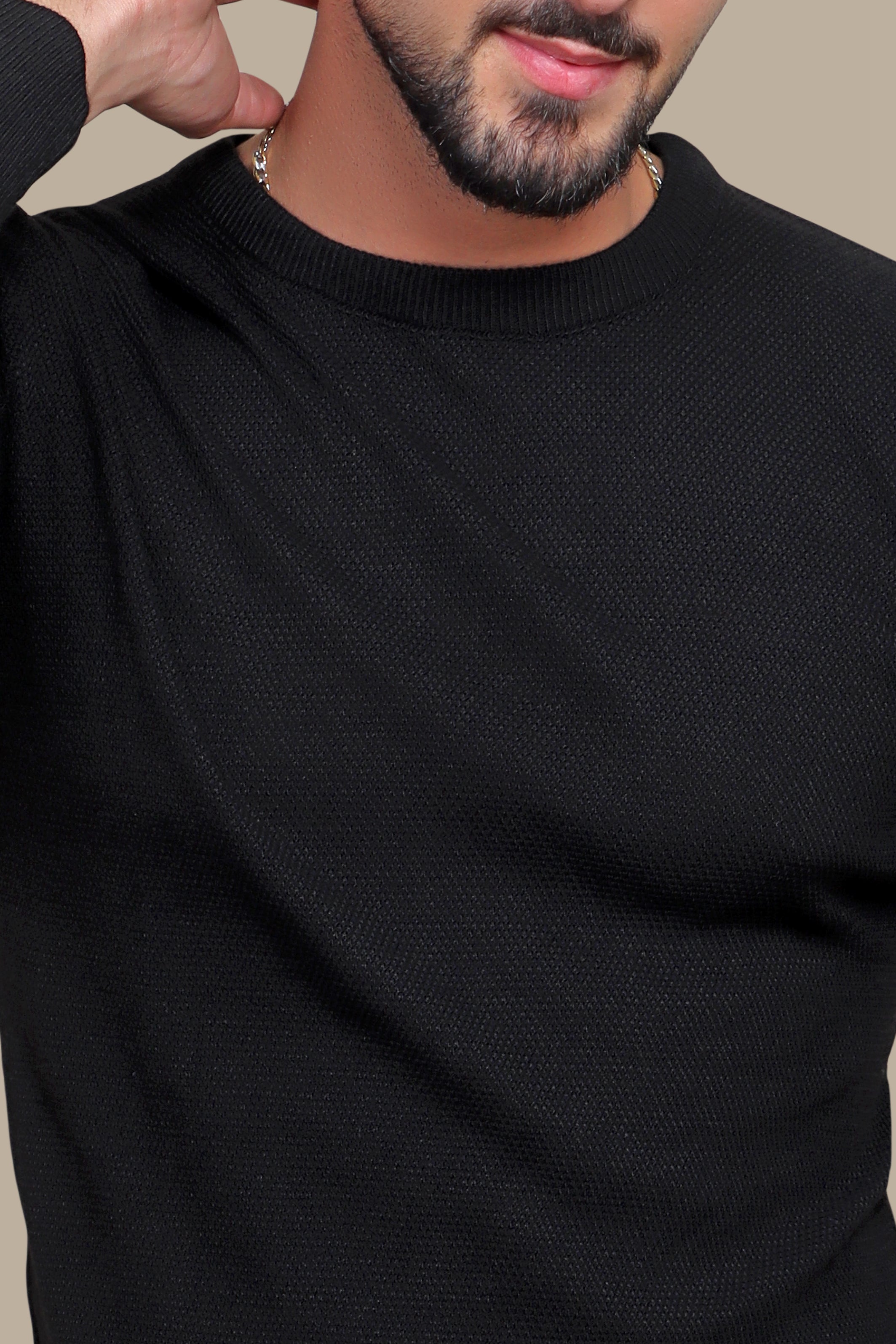 Classic Comfort: Black Round Neck Structured Sweater