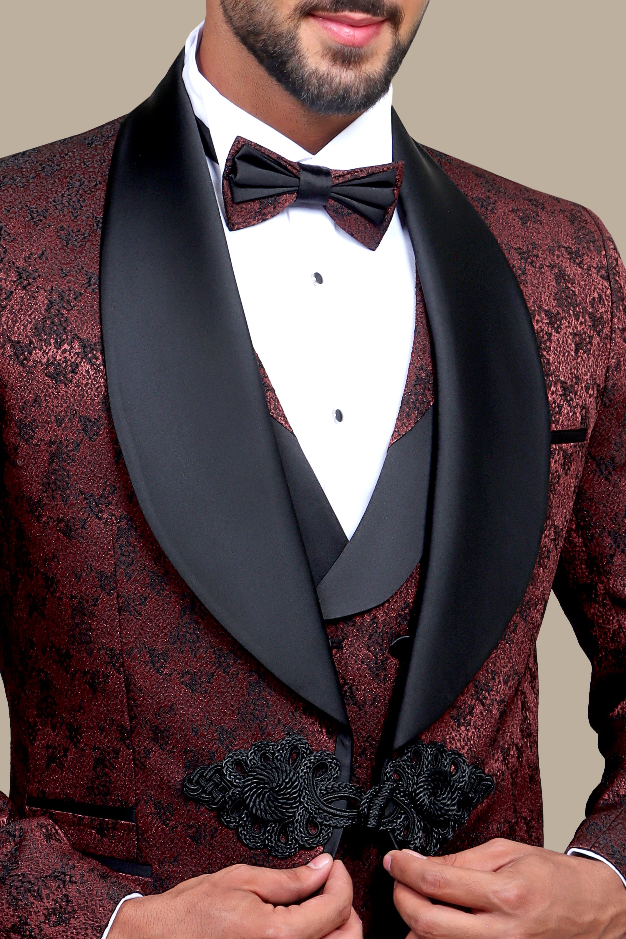 Burgundy Elegance: Luxurious Tuxedo Jacquard Crochet 4-Piece