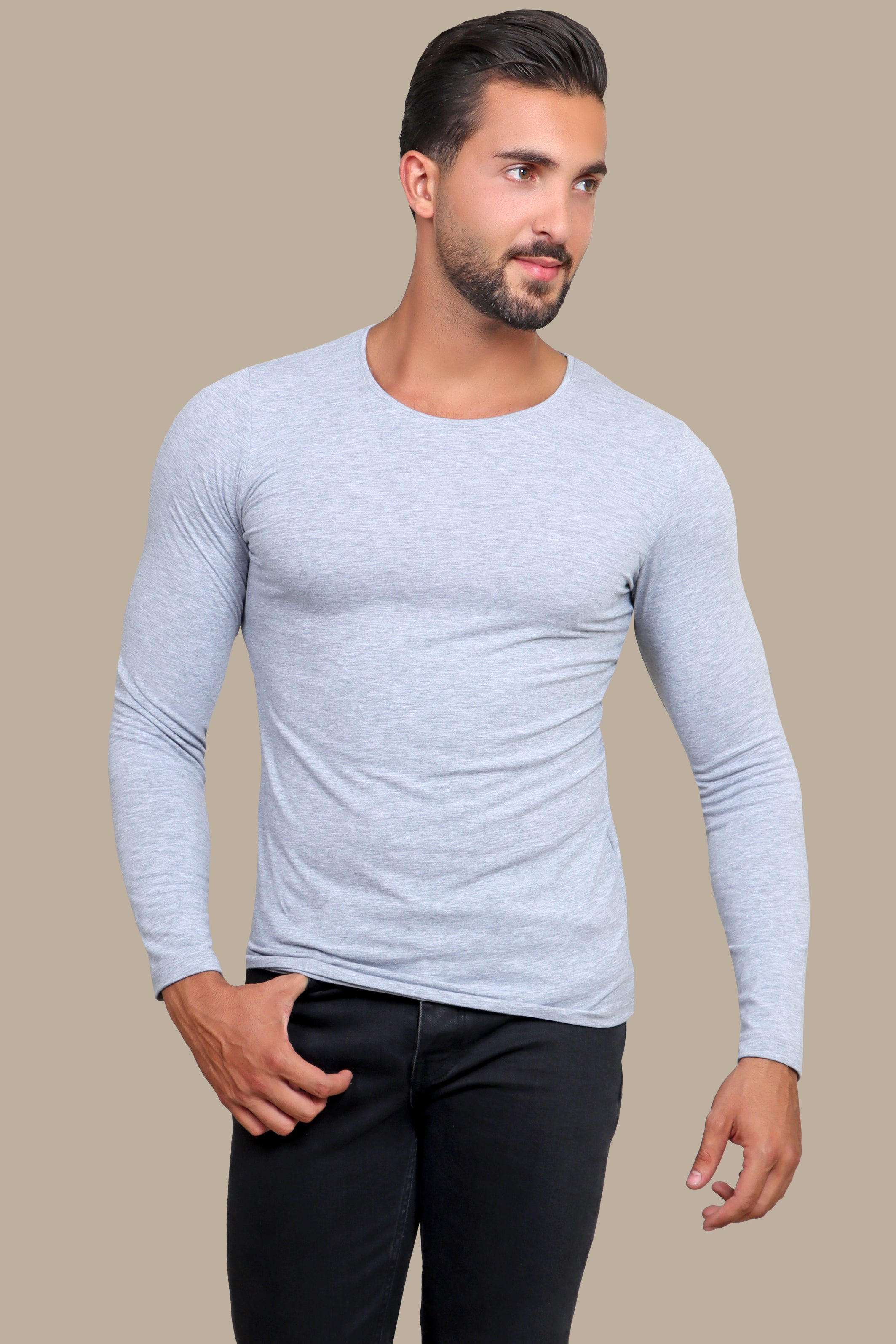 Light Gray Elegance: Long Sleeve Basic Round Neck T-Shirt