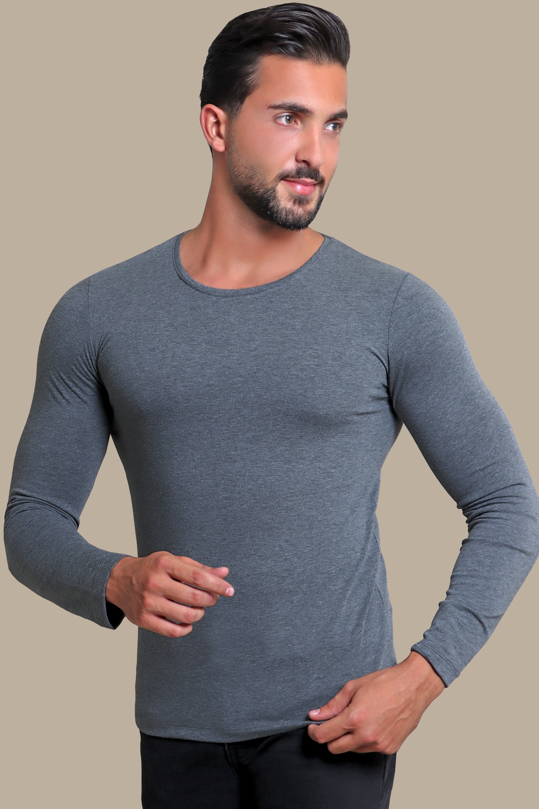 Essential Charcoal: Dark Grey Long Sleeve Basic Round Neck T-Shirt