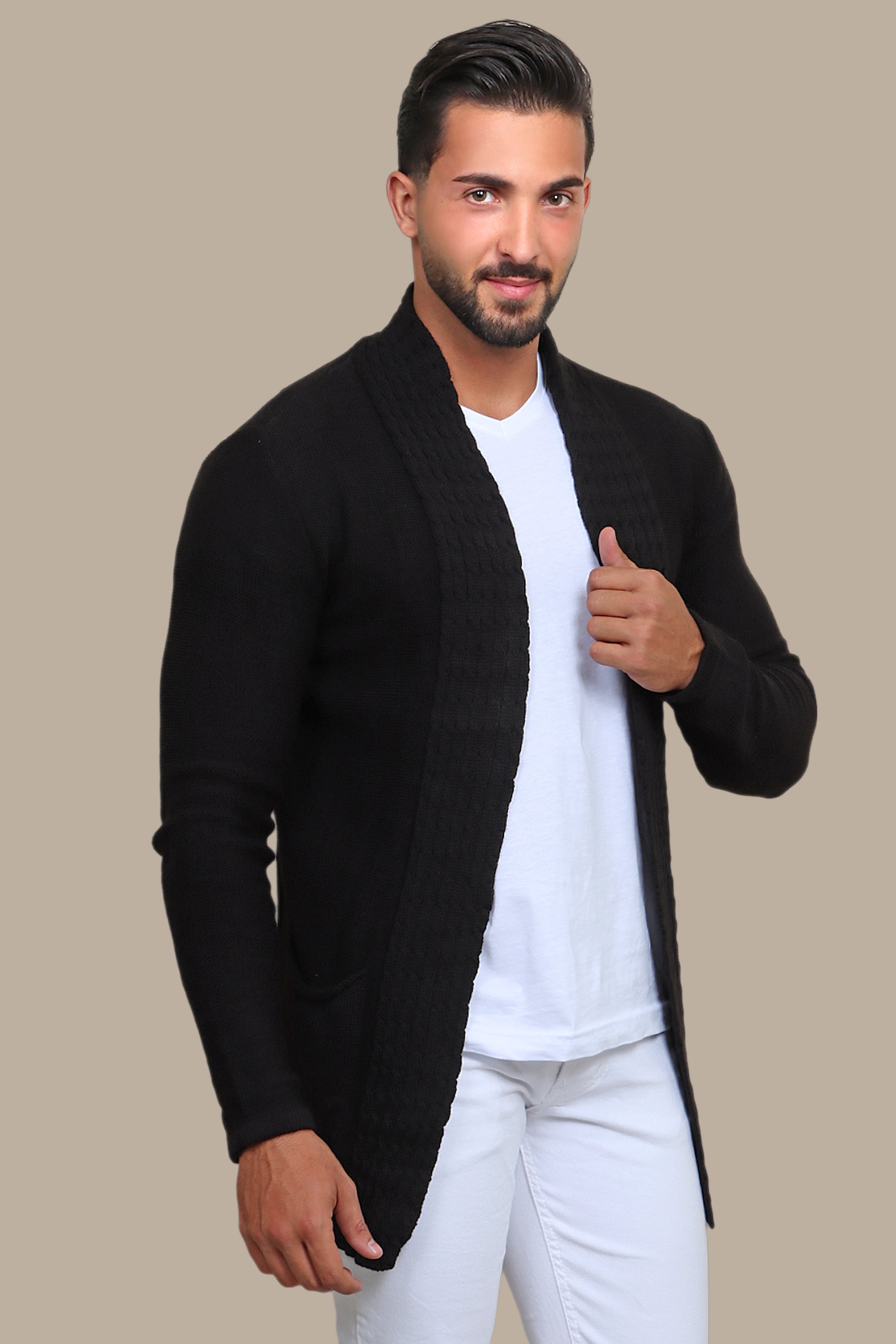 Black Braided Collar Long Cardigan Jacket