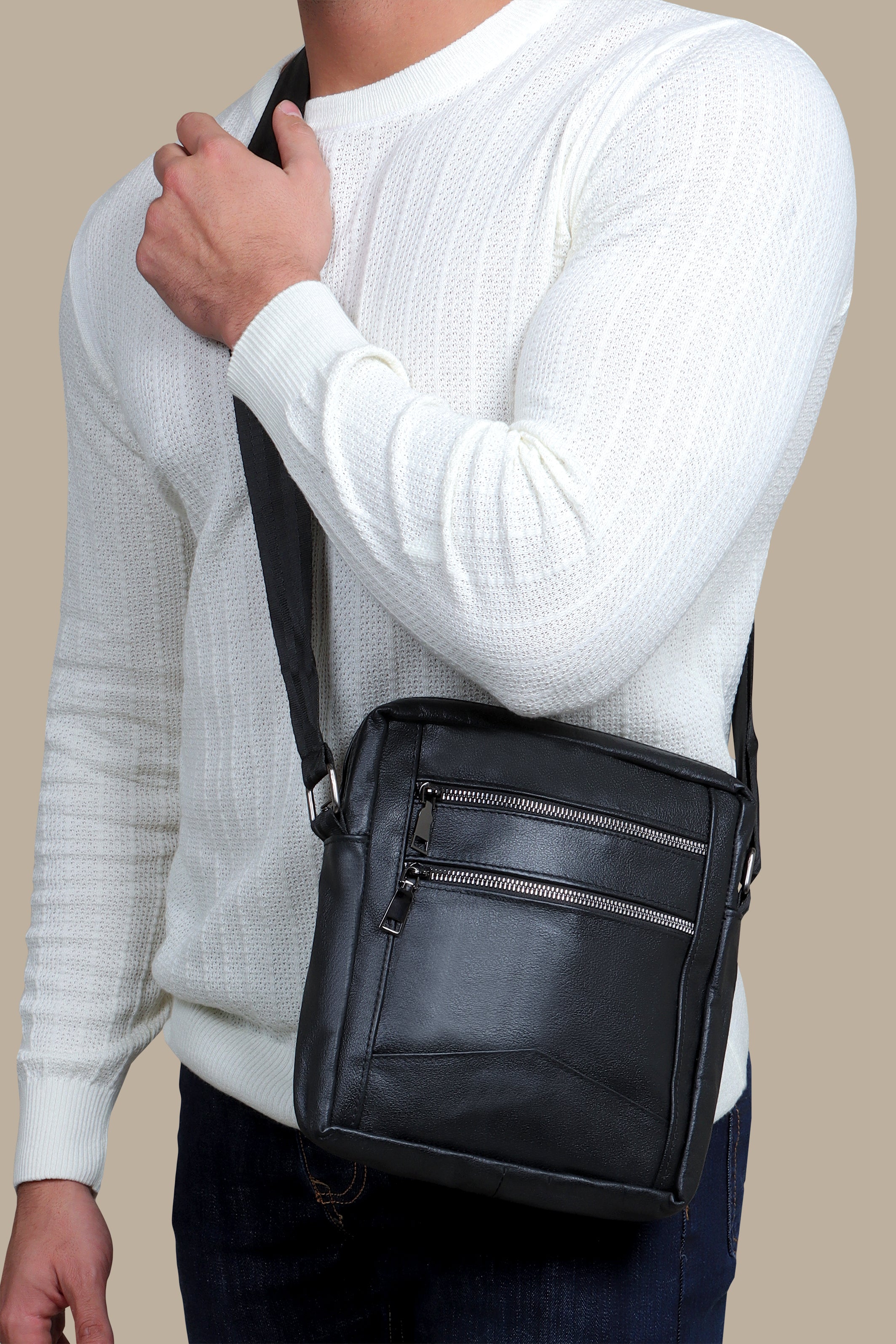 Triple Noir: Sleek Cross Bag with Three Black Zippers
