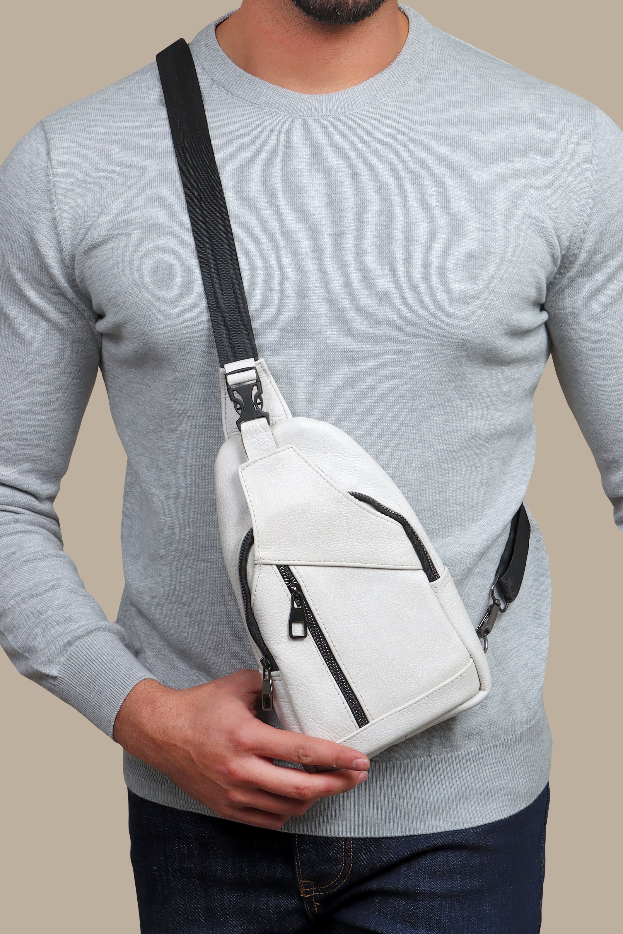Timeless White Leather Crossbody Bag with Curved Elegance