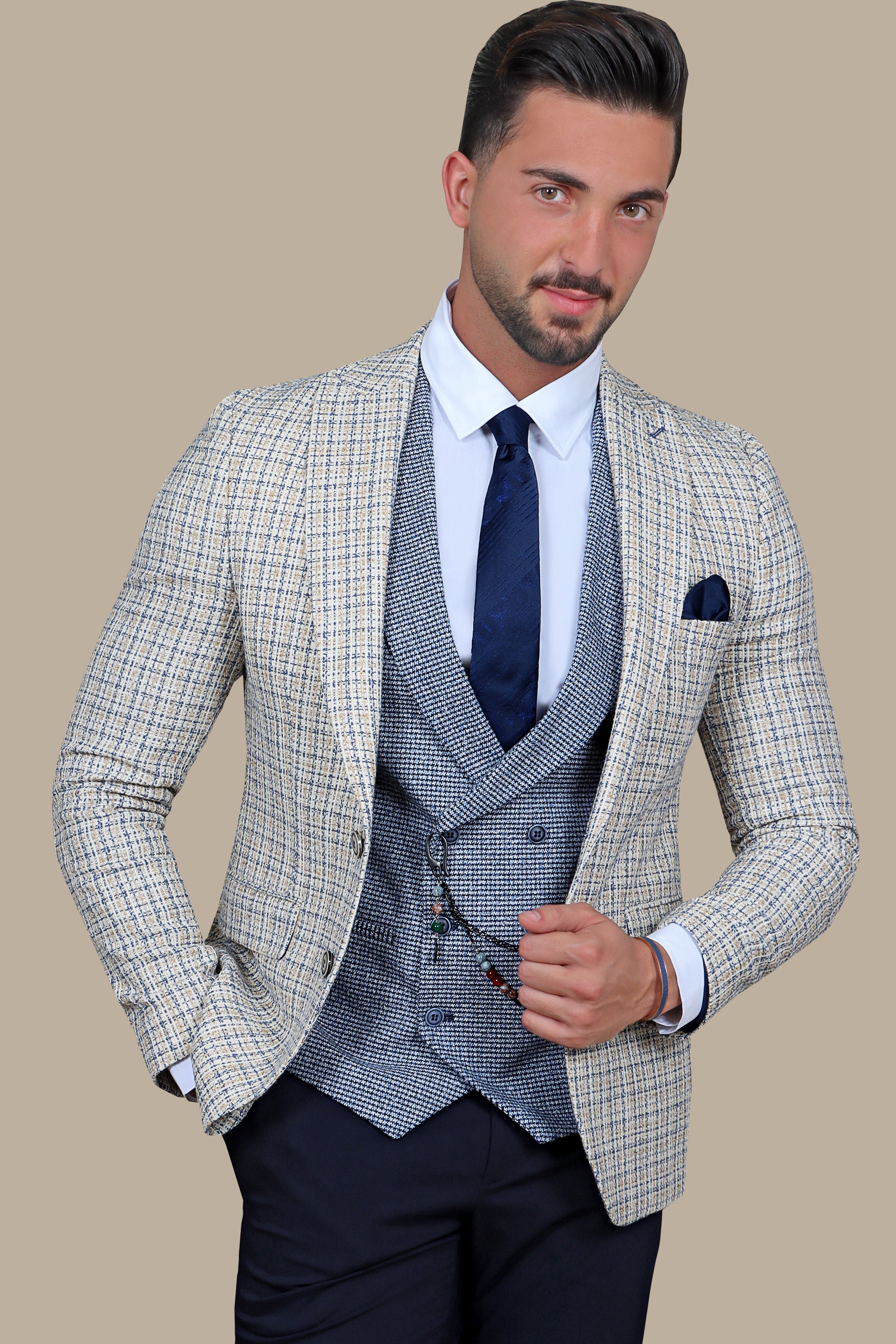 Beige Brilliance: The Ultimate Checked Mix and Match 3-Piece Suit