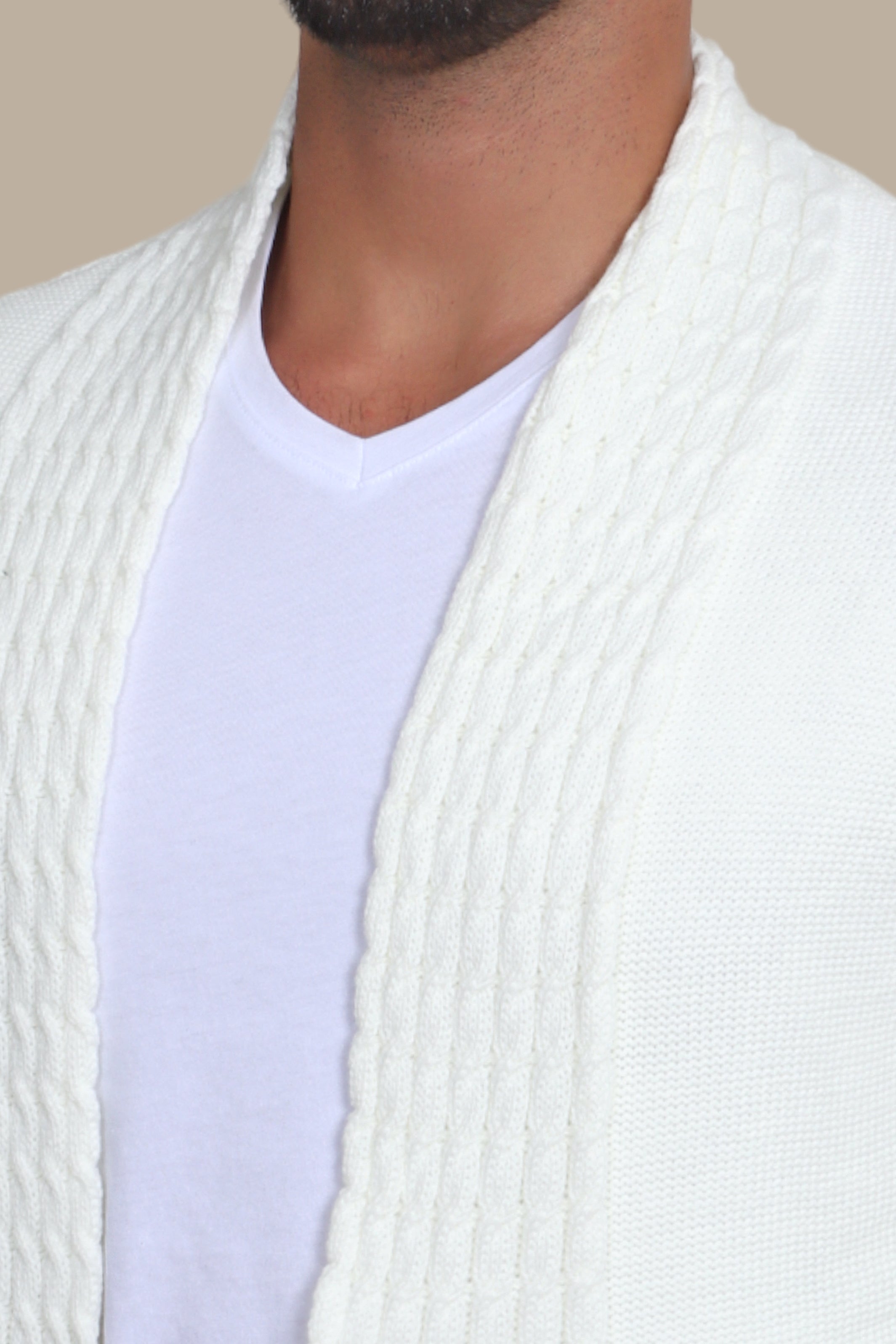 Snowfall Elegance: White Long Cardigan with Braided Collar