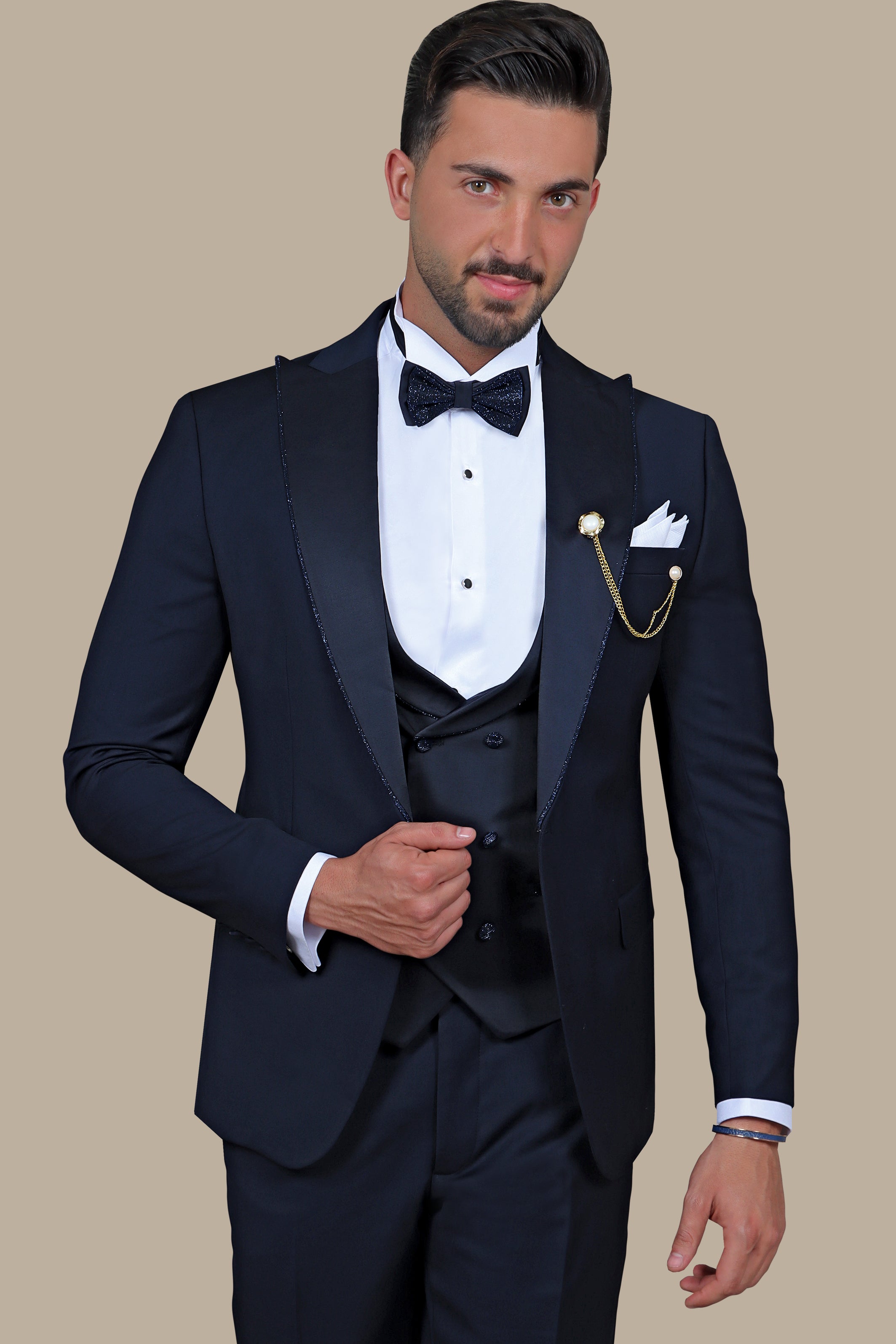 Navy Elegance with Glitter Piping: 4-Piece Tuxedo Set