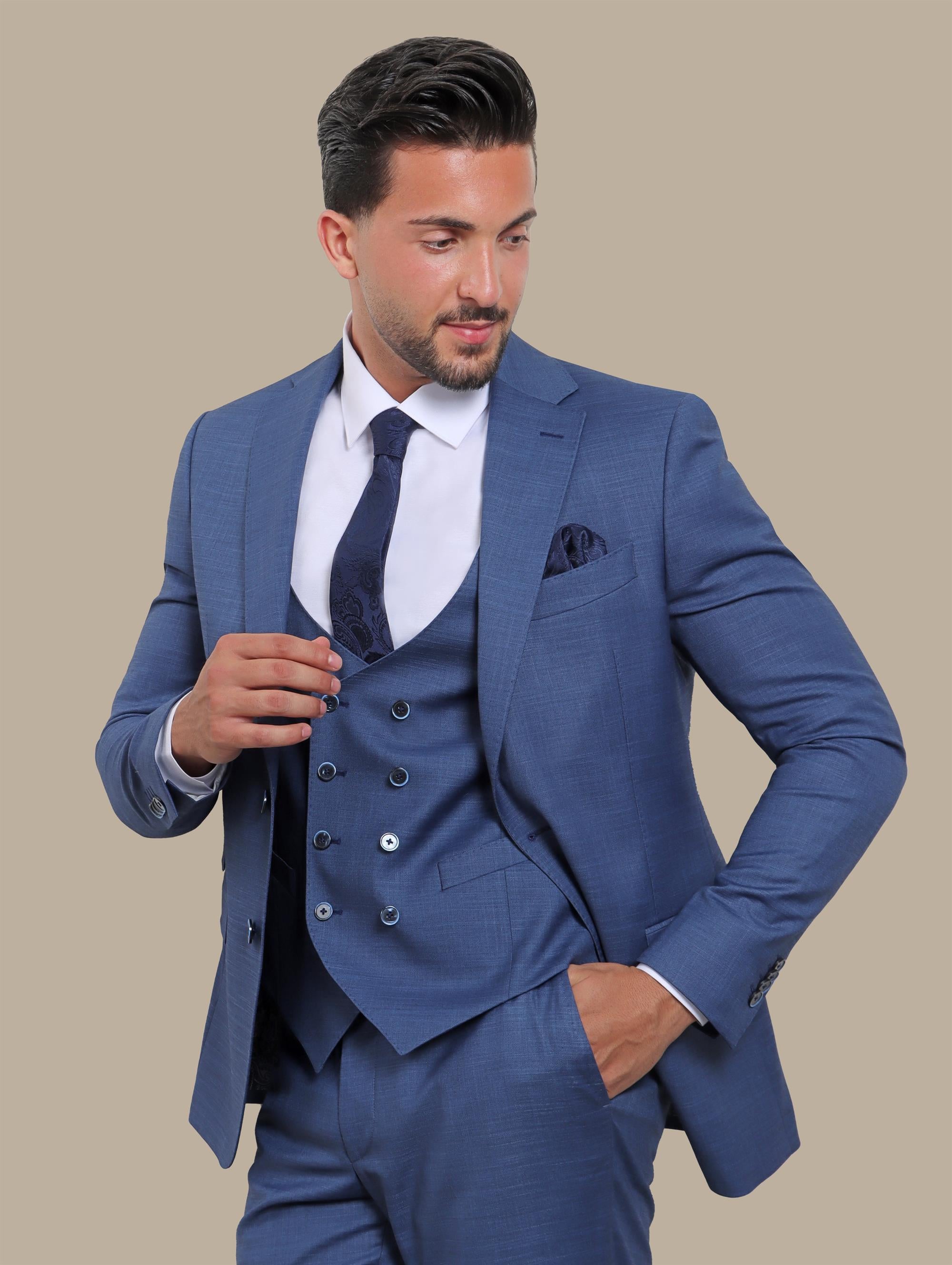 Suit Fil a Fil Lycra Notch 3 Pcs | Dark Blue