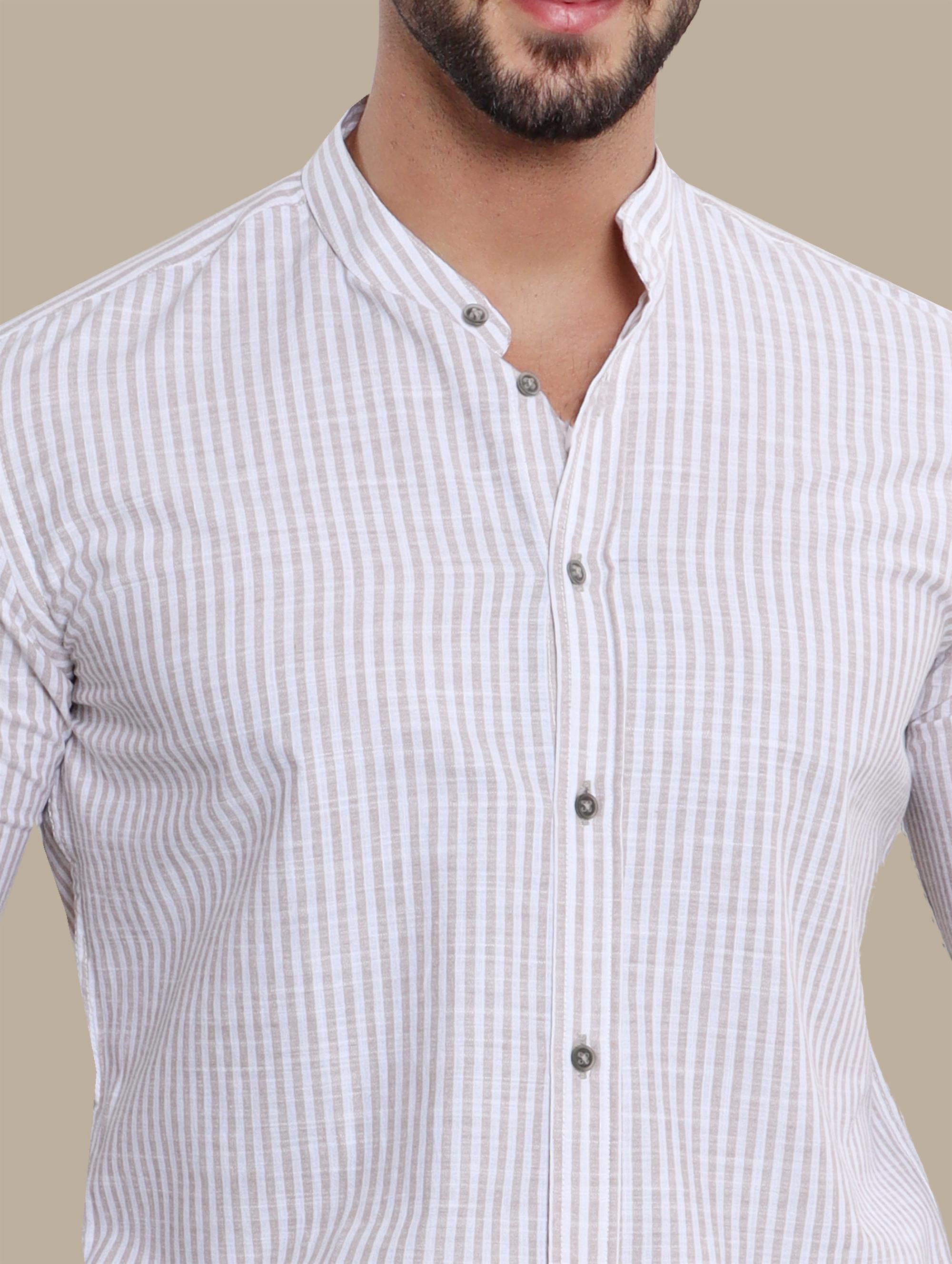 Shirt Linen Col Mao With Stripes | Beige