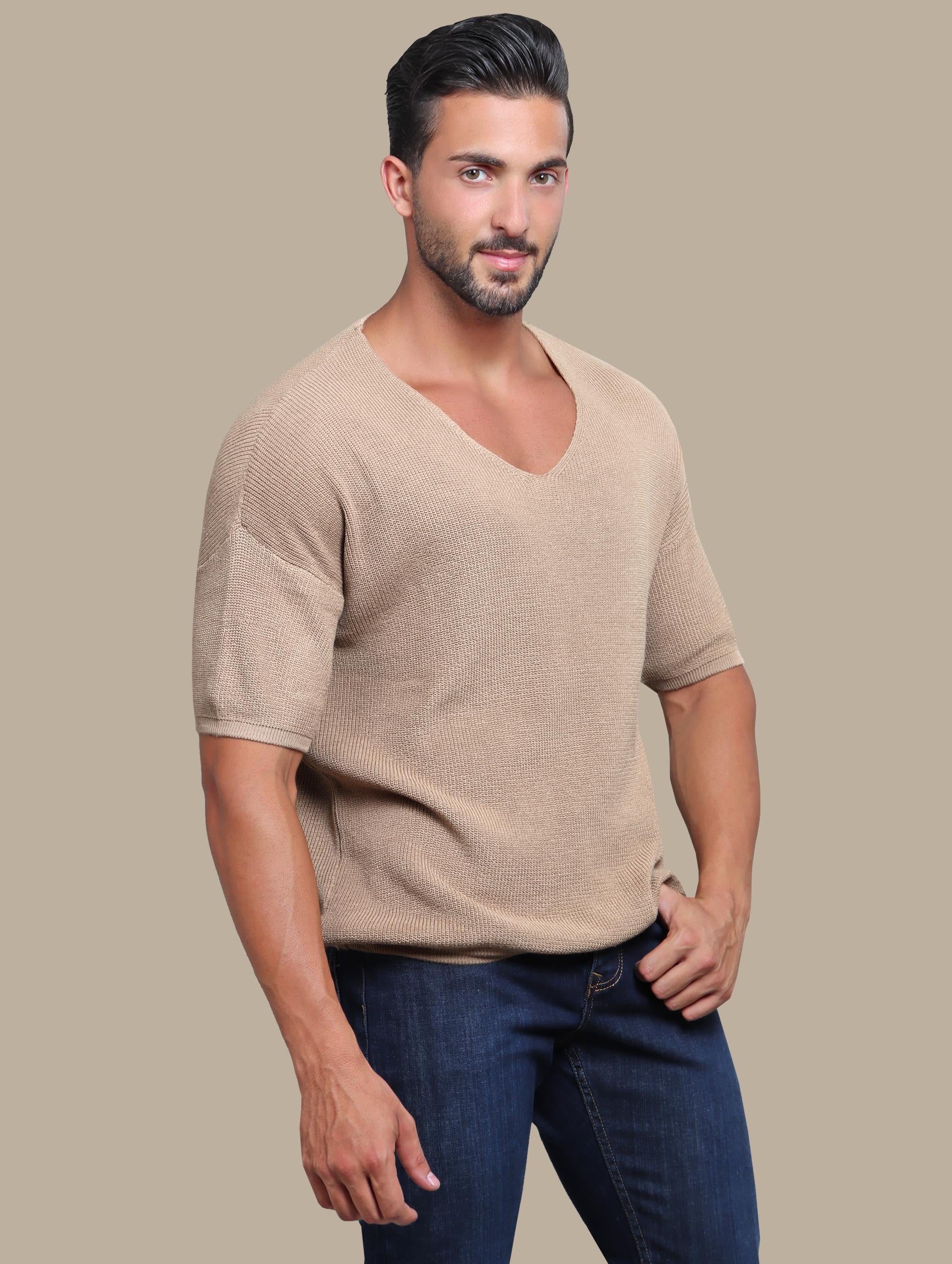 T-shirt Knitted Oversized V-neck | Beige