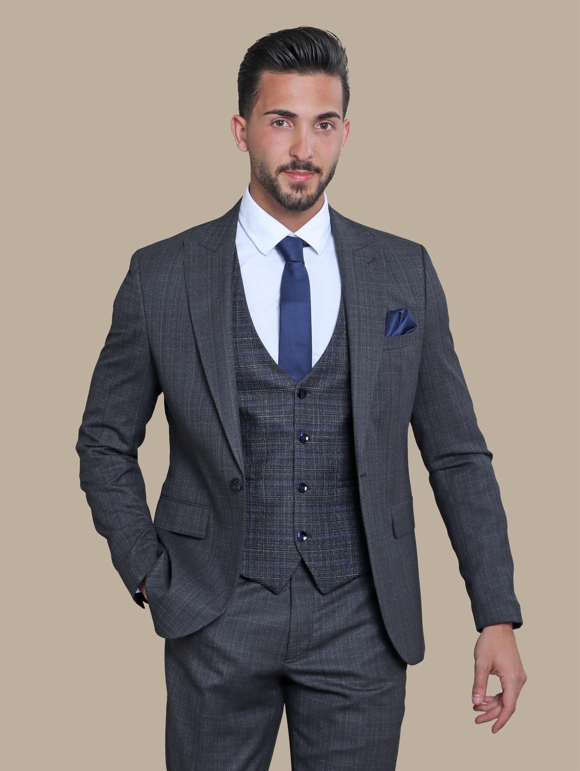 Suit Structure Checked Vest 3 Pcs | Dark Grey