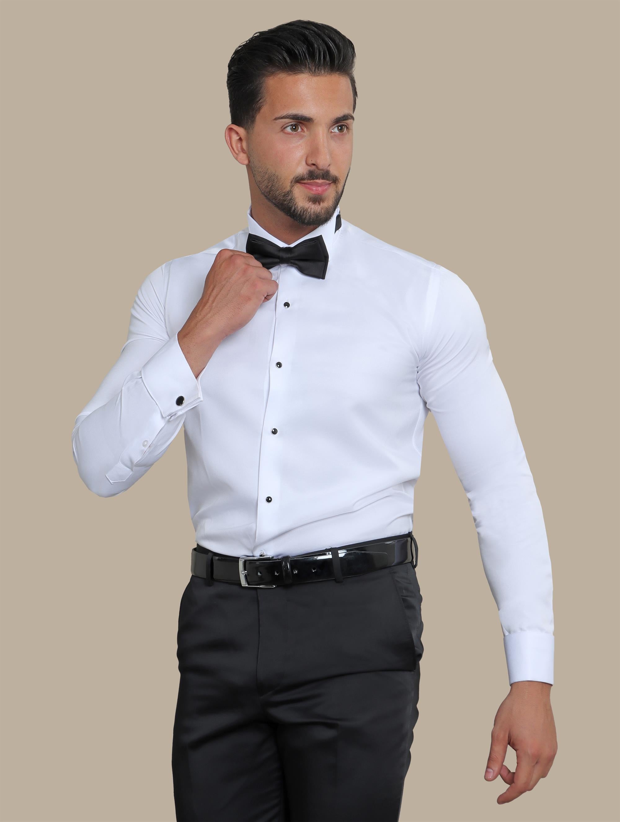 Shirt Tuxedo Black Button Long | White