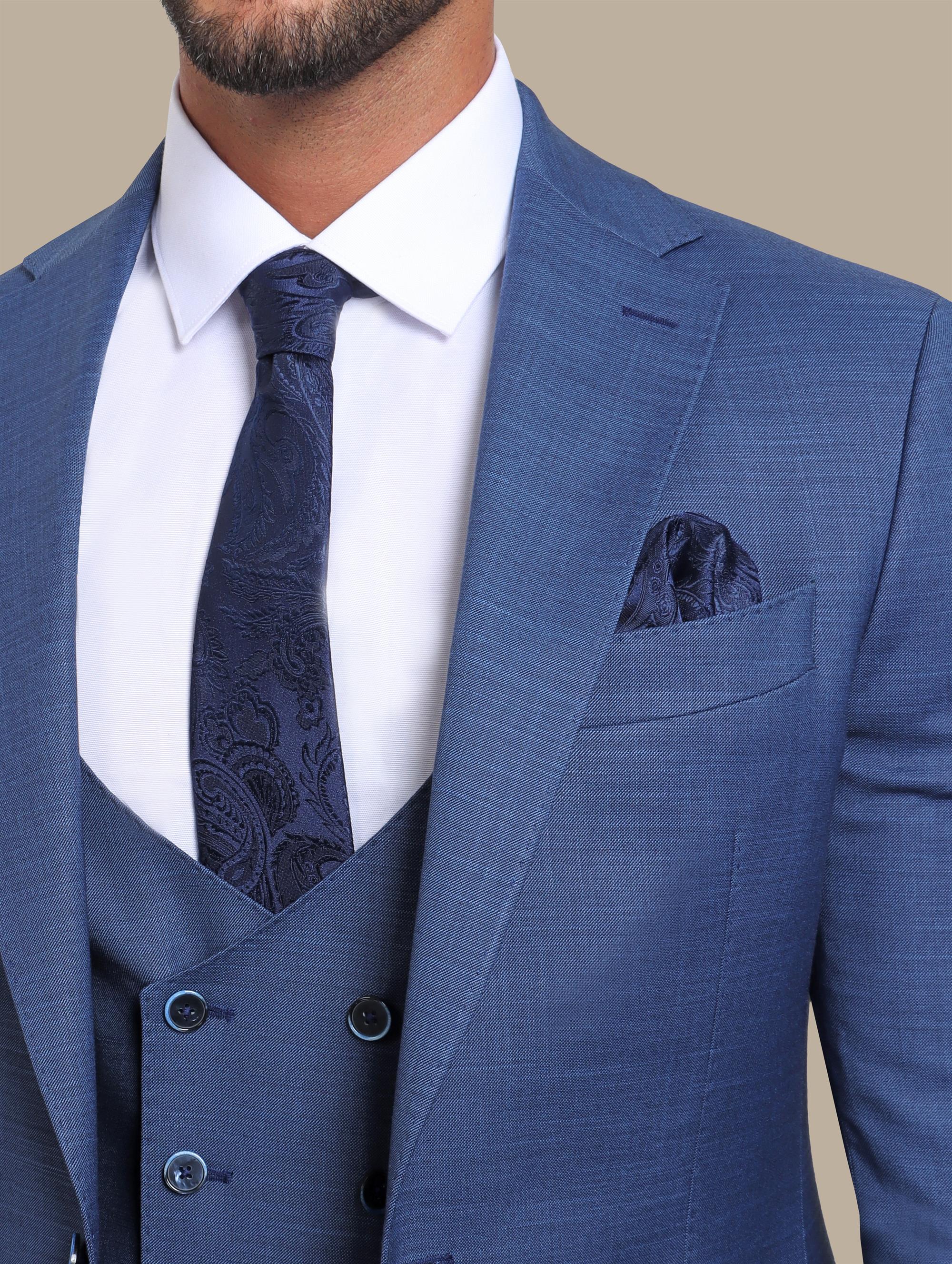 Suit Fil a Fil Lycra Notch 3 Pcs | Dark Blue