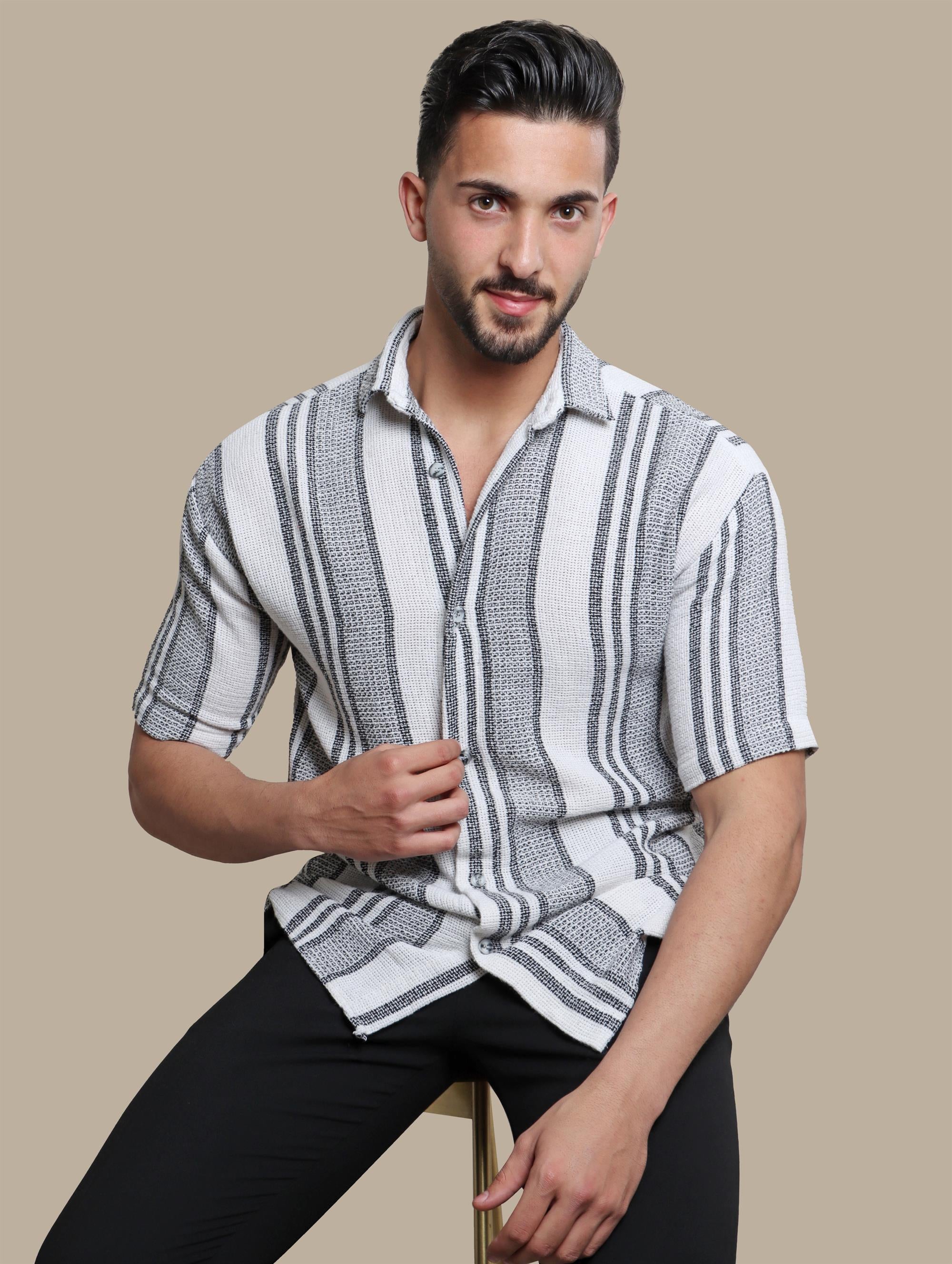 Shirt Canvas Striped Short Sleeve | Black