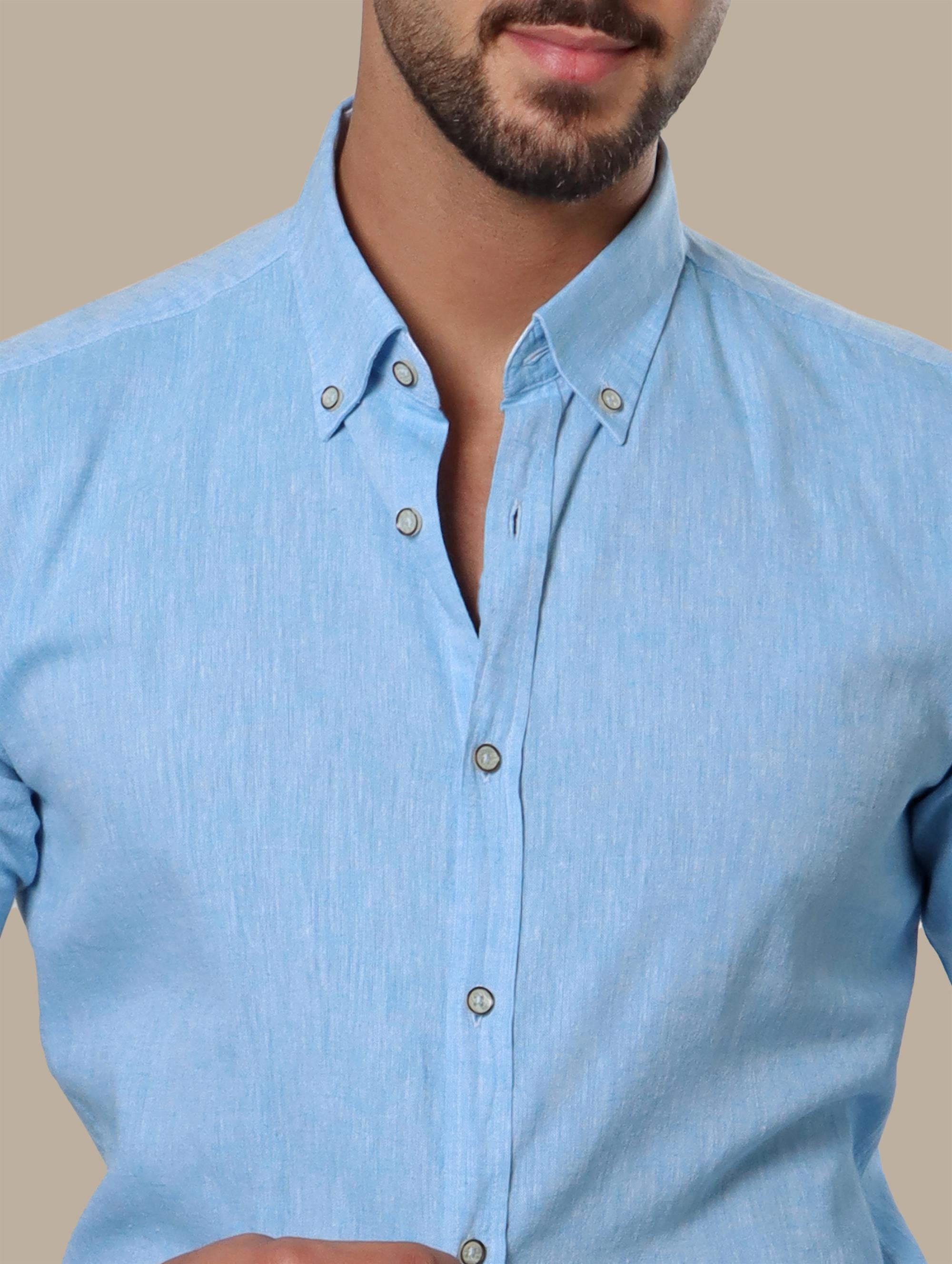Shirt Linen Collar Printed Inside | Turquoise