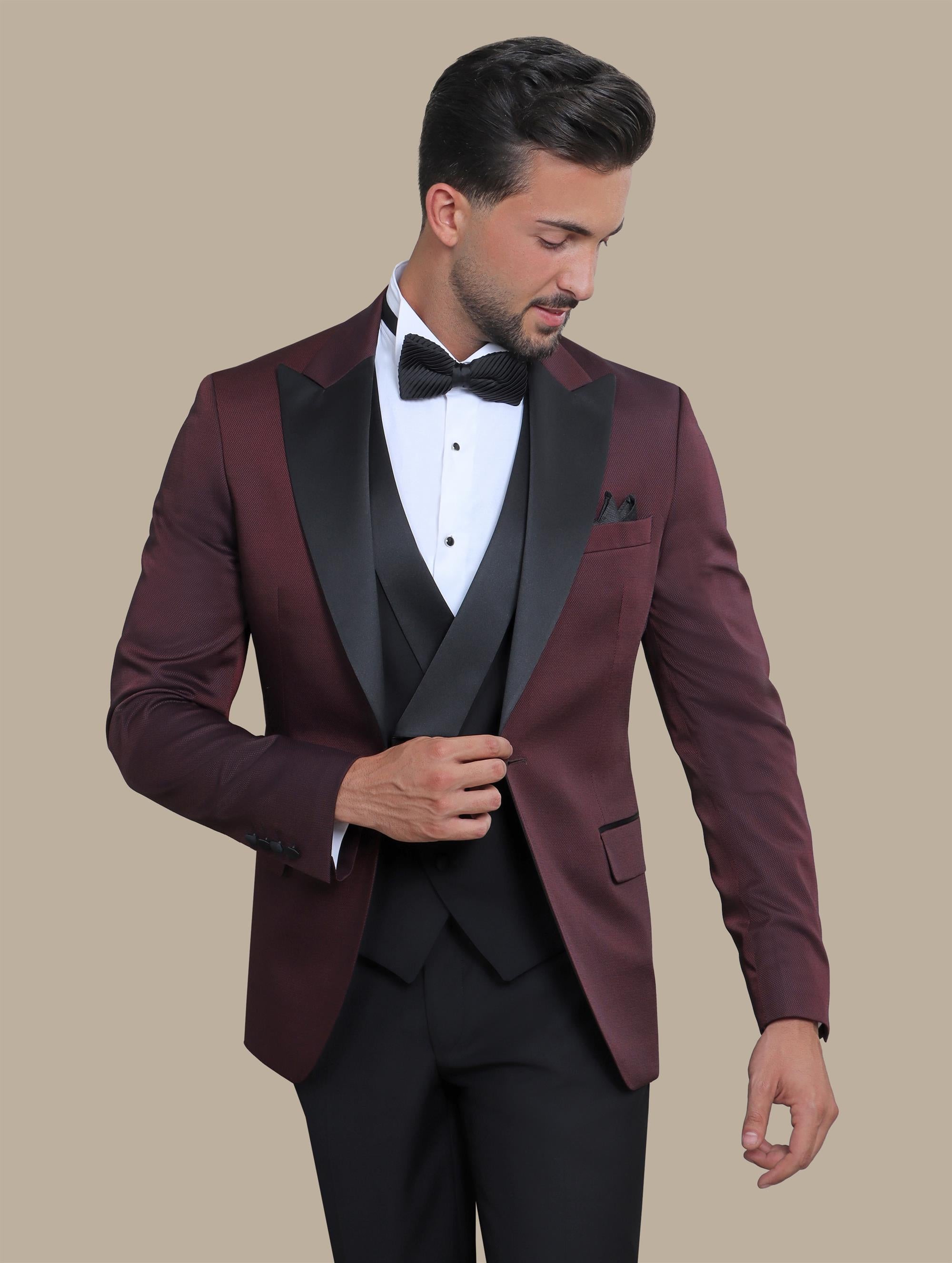 Burgundy Jacquard Shawl Lapel Three piece Tuxedo Suit – ROGUE NG