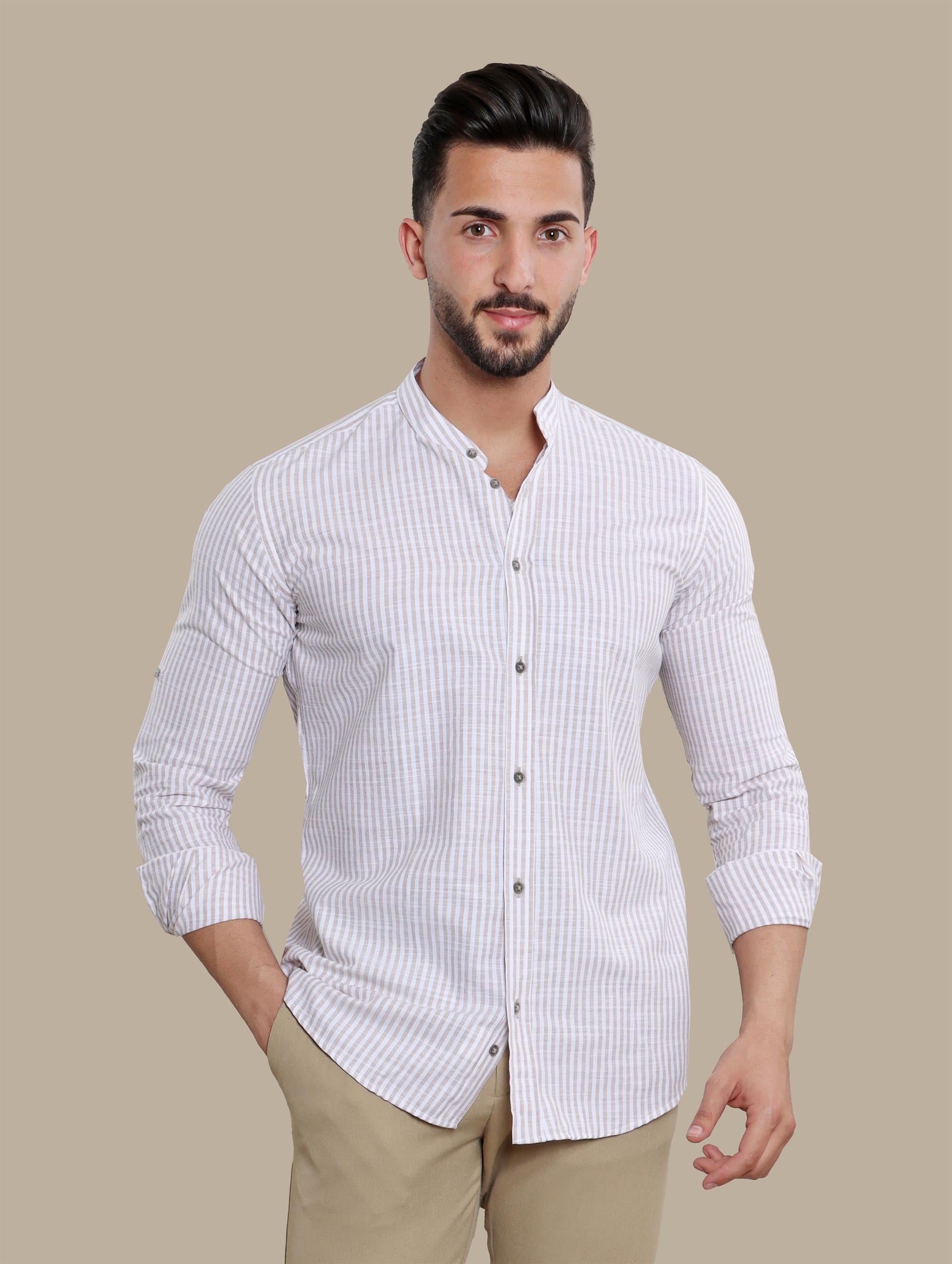 Shirt Linen Col Mao With Stripes | Beige
